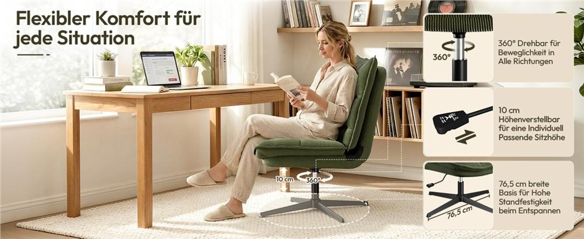 Yaheetech Bürostuhl mit breiter Sitzfläche aus Cordstoff, drehbarer Sessel Loungesessel, neigbar, höhenverstellbar, ohne Armlehnen & Rollen, Grün