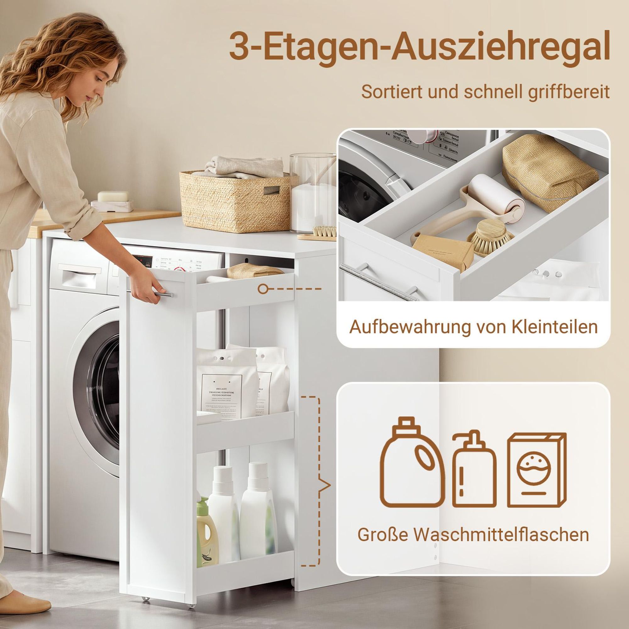 SoBuy Waschmaschinenunterschrank mit Schublade und Rollen, Wäscheschrank in Weiß Hoher schmaler Korpus mit Schublade BZR229-W