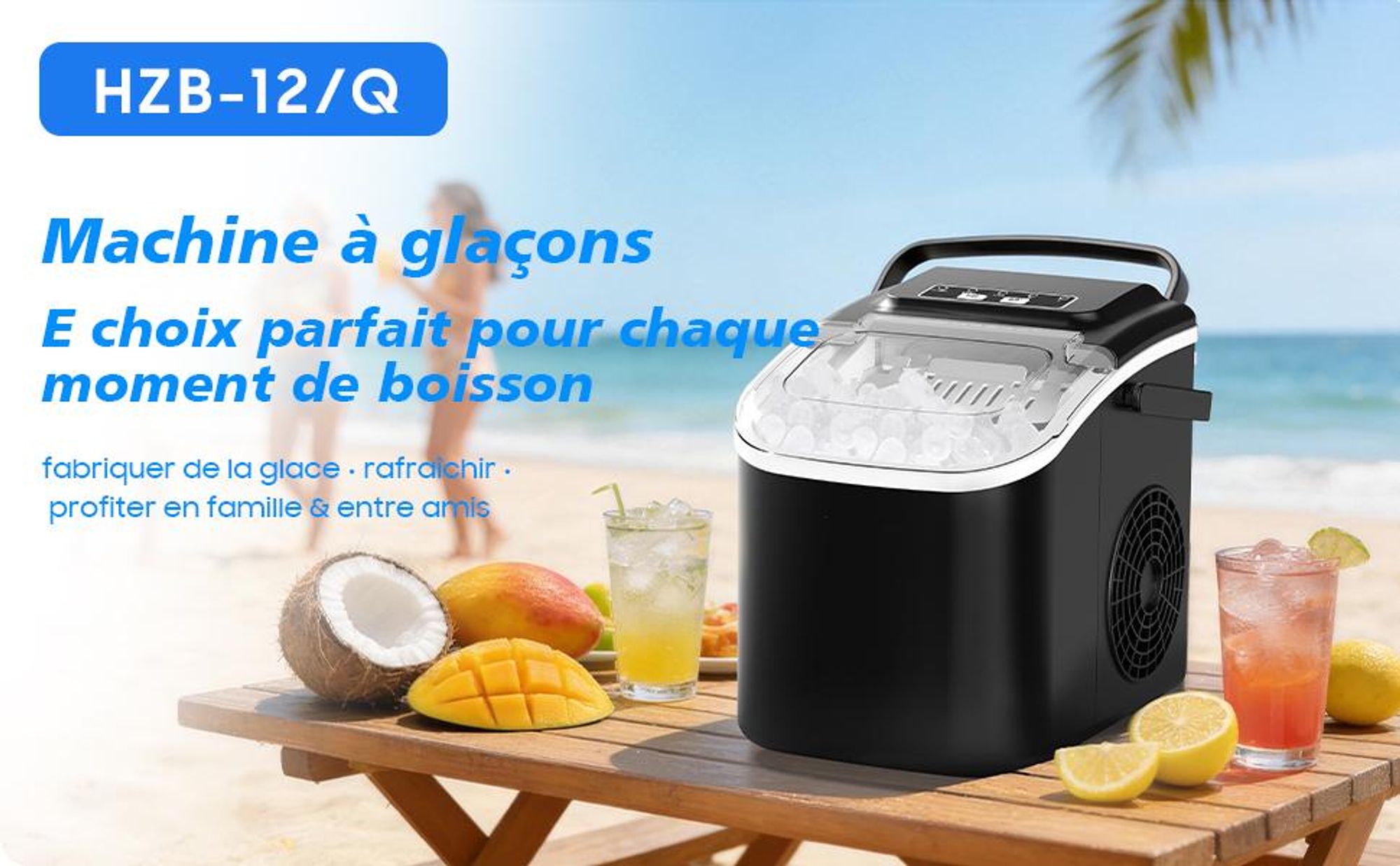 Machine à glaçons 12kg/24h, 8 glaçons/6-13min, 2 tailles, auto-nettoyage, LED