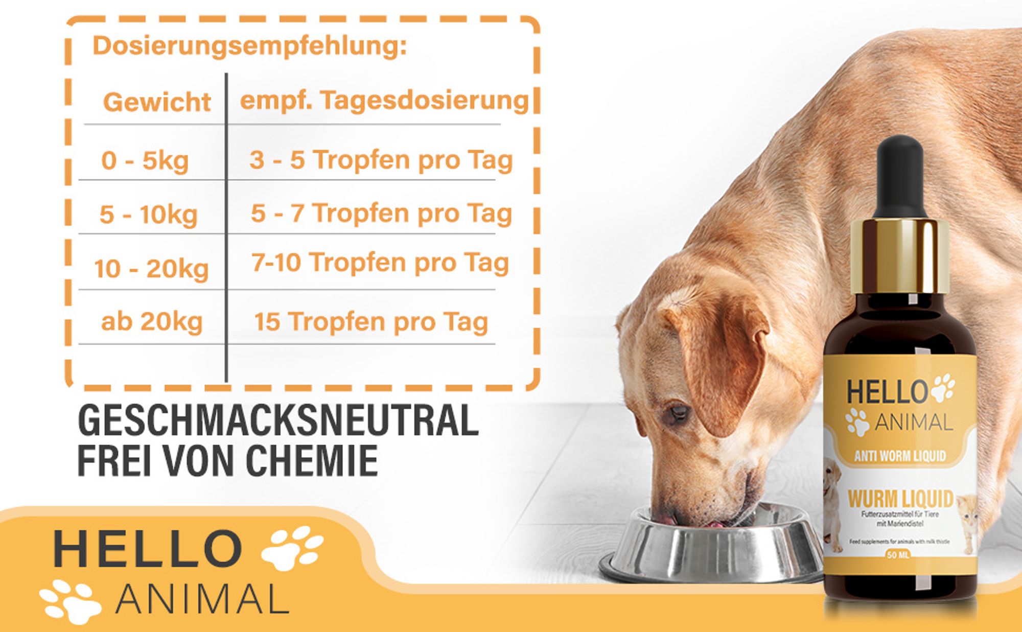 Hello Animal® Wurm Liquid – Entwurmungskur für Hunde, Katzen, Kaninchen & Geflügel – bei Wurmbefall - Wurmmittel Hund - entwurmen