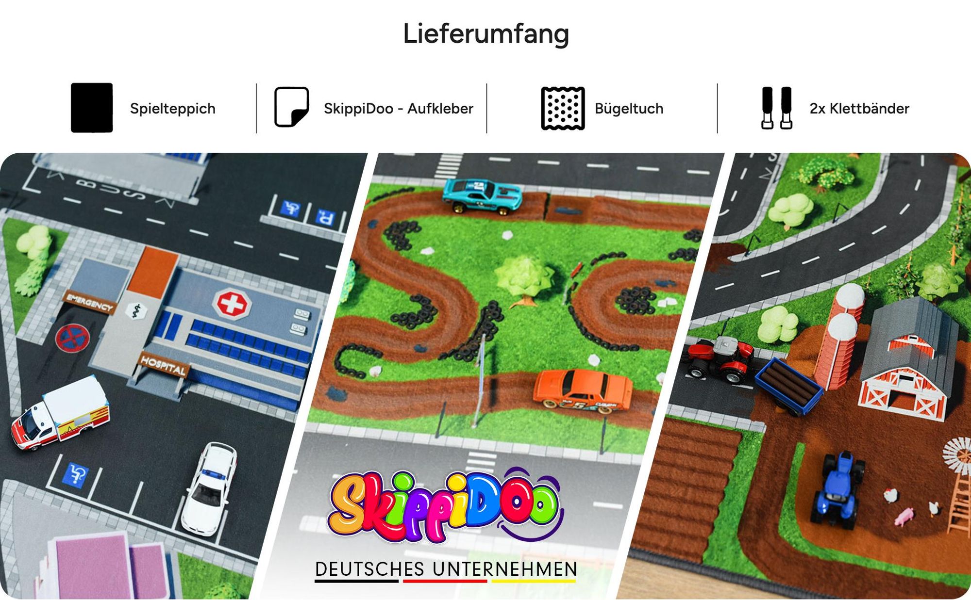 SkippiDoo Kinder Spielteppich Straßenteppich (200x140 cm) - rutschfest & -zertifziert - Teppich Jungen & Mädchen Kinderzimmer, Kinderteppich