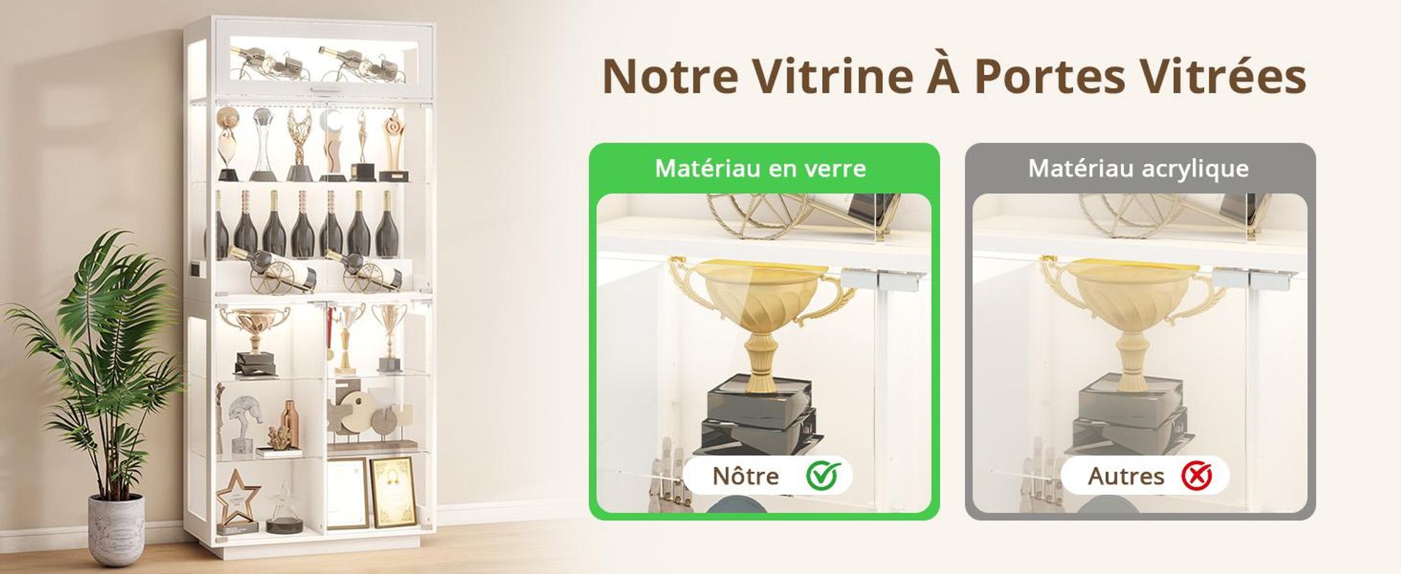 Vitrine Puluomis : Vitrine en verre avec éclairage à 3 couleurs et capteur, meuble vitrine sans poignée, dimensions 80 x 35 x 180 cm, idéal pour présenter des objets dans un salon ou une chambre