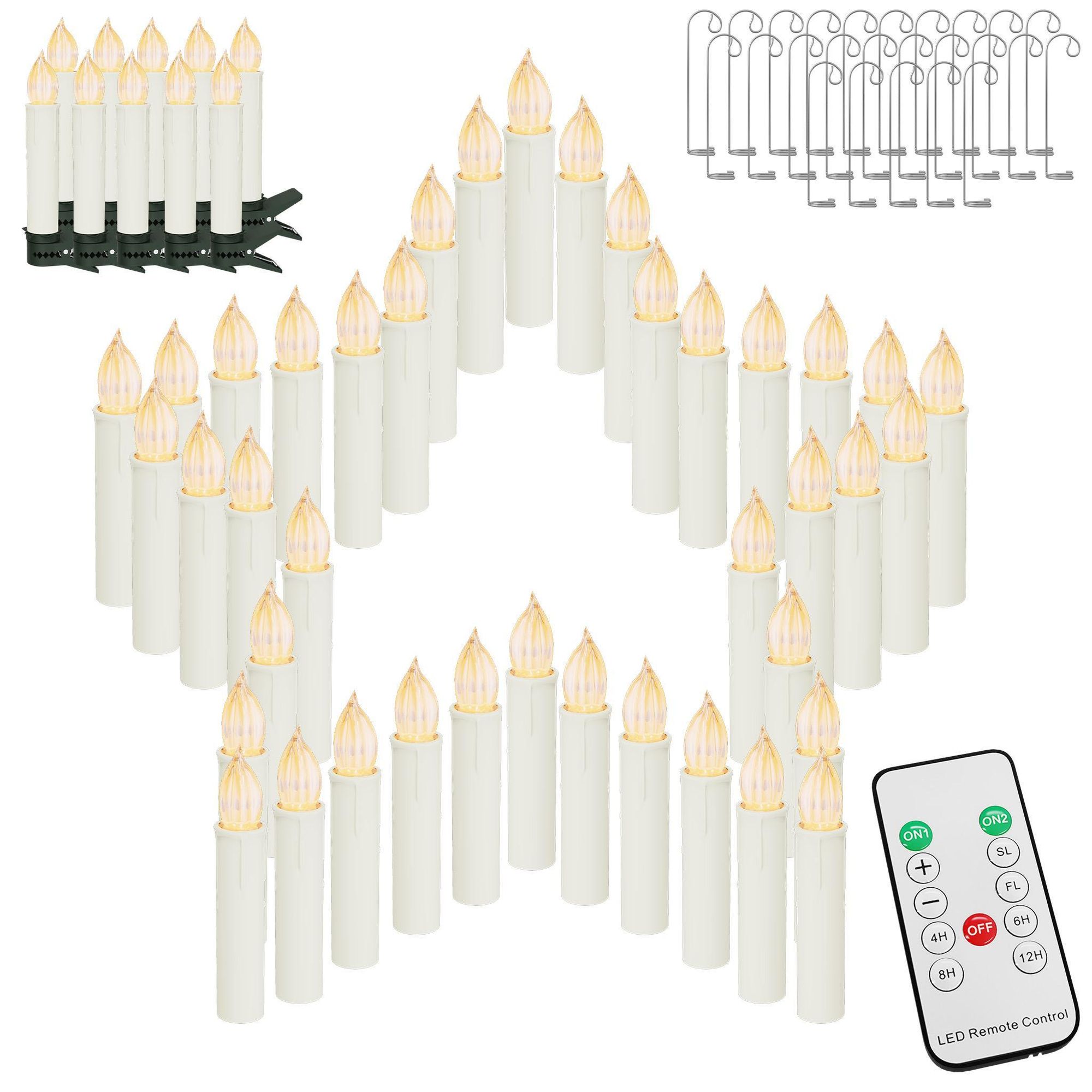 LARS360 LED Christbaumkerzen kabellos mit Klammern und Haken, 30er Set, Bunt, Fernbedienung, Timer