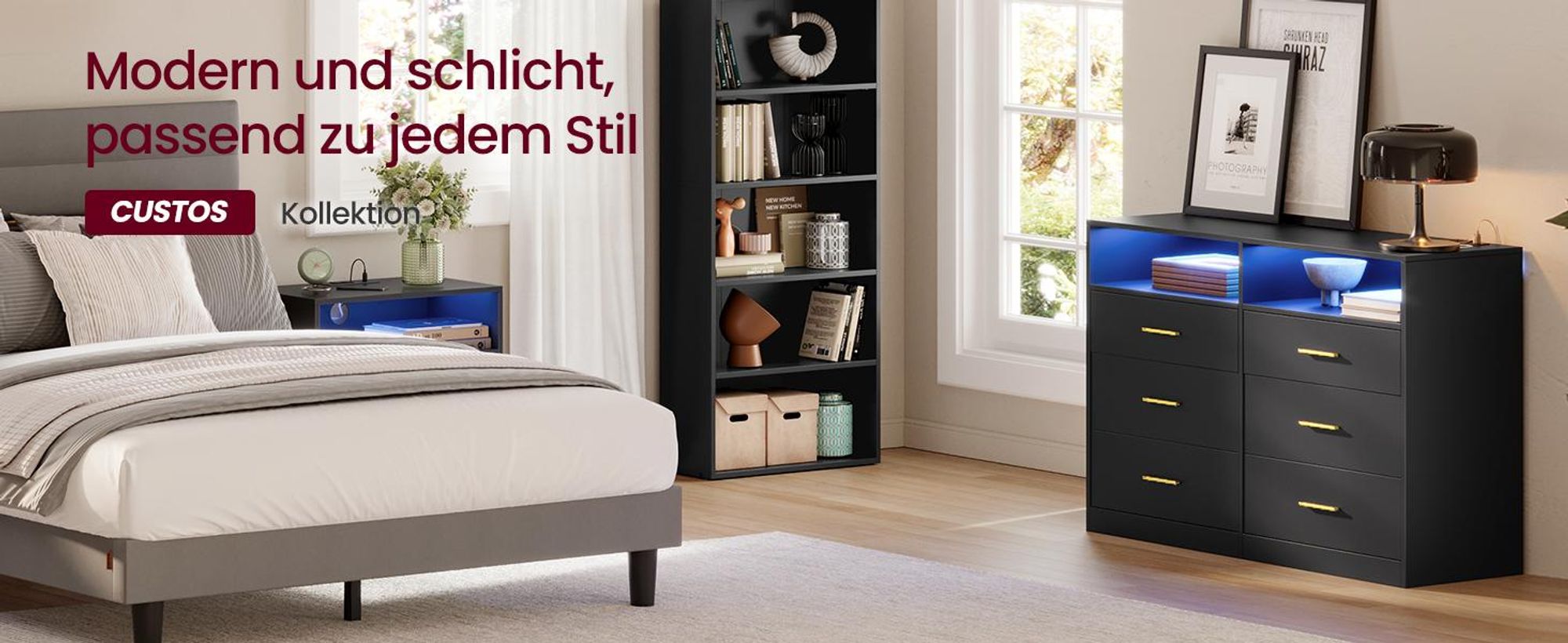 VASAGLE Kommode mit LED-Beleuchtung und Ladestation, 6 Schubladen, modern, Schlafzimmer Wohnzimmer, schwarz