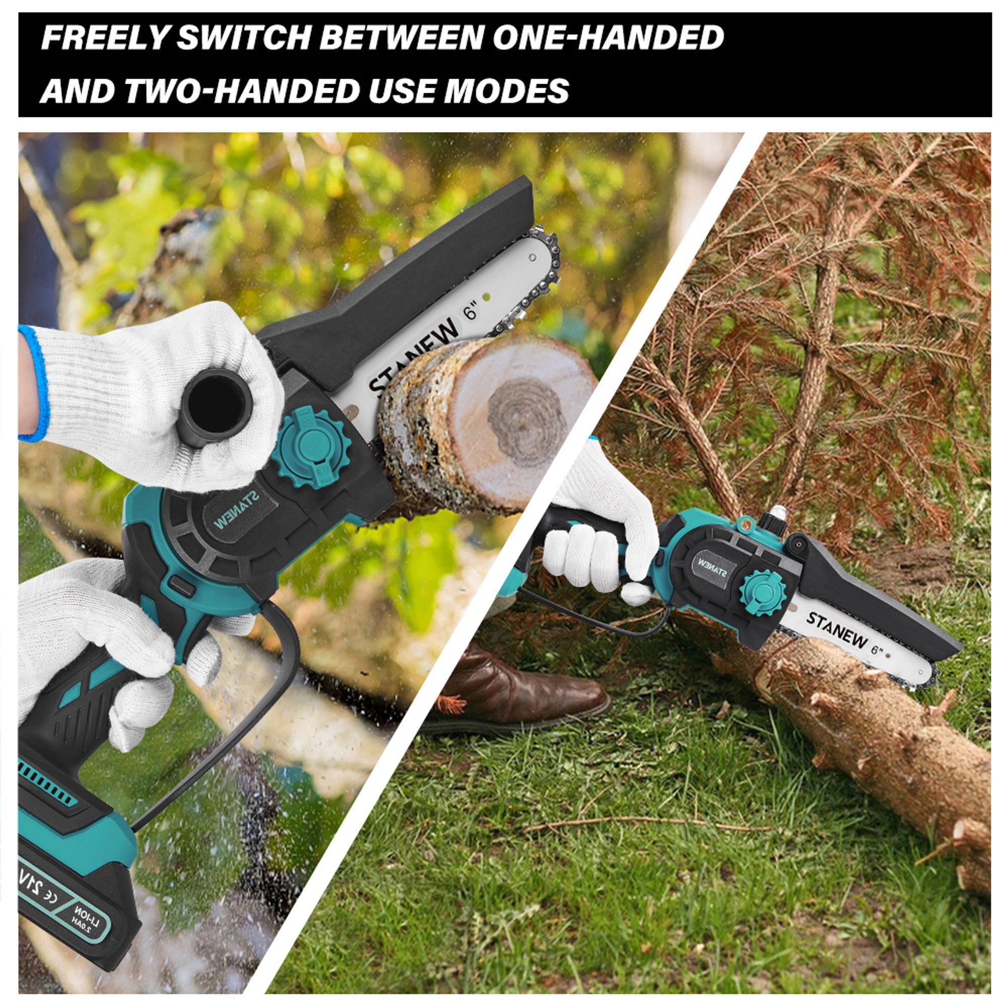 STANEW Mini Kettensäge mit 2 Akku 4000mAH & Ladegerät, 6 Zoll & 8 Zoll, 600 W bürstenloser Motor, für Gartenarbeit, Baumschnitt, Holz