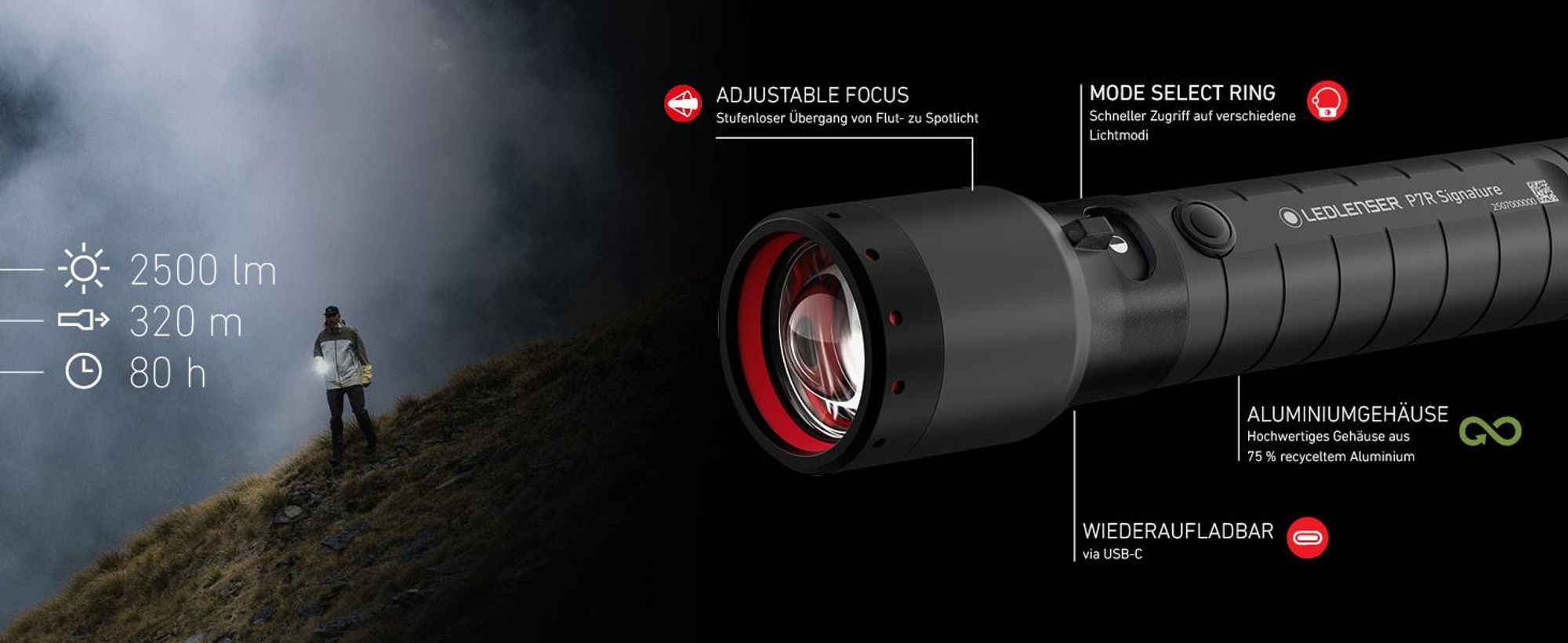 Ledlenser P7R Signature Taschenlampe Charcoal, bis 2500 Lumen, bis 340m Leuchtweite, IP68, bis 80 Std Laufzeit, USB-C