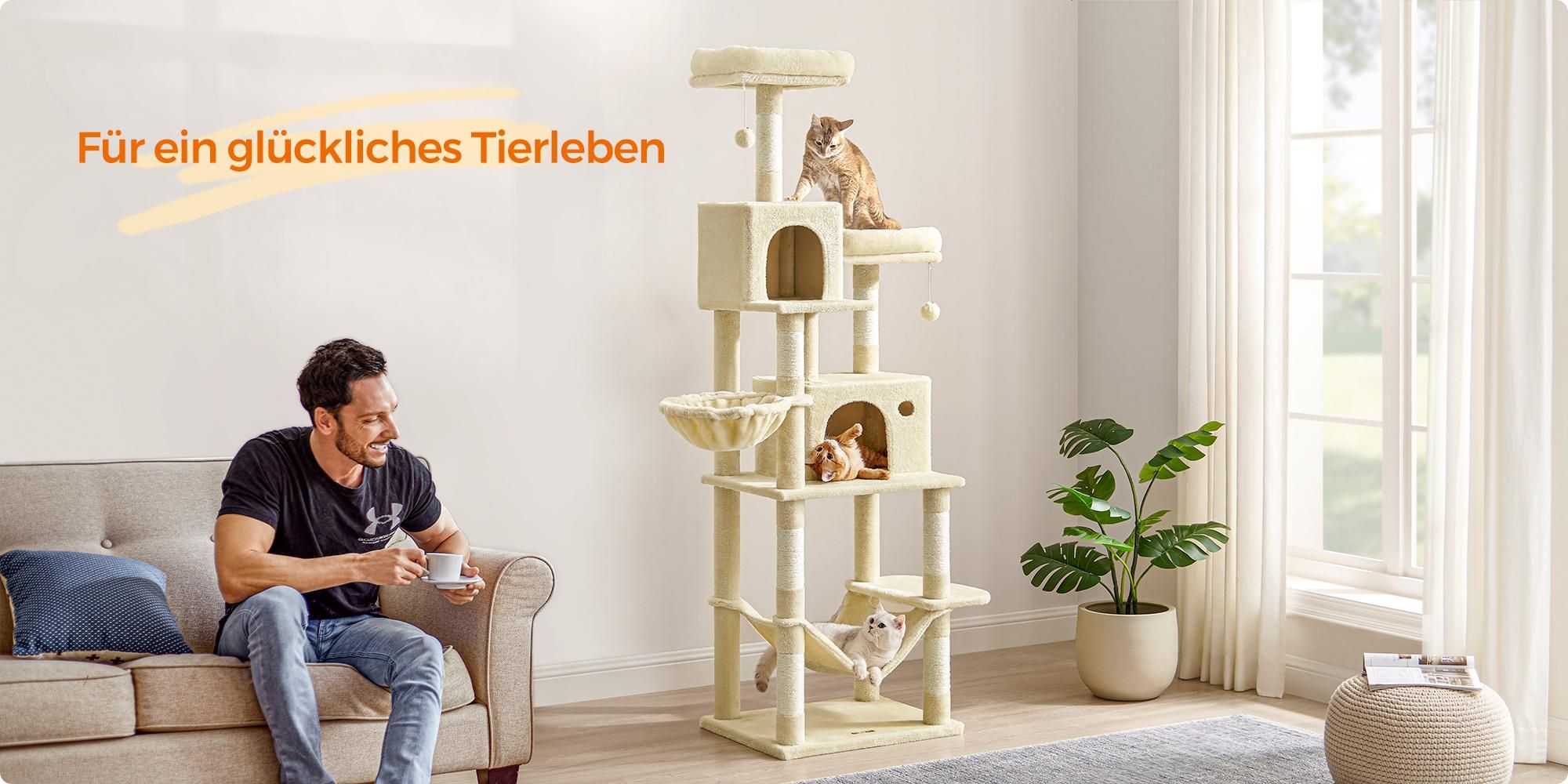 Feandrea XXL Kratzbaum, 199 cm, mehrstufig, mit Sisalstämmen, beige