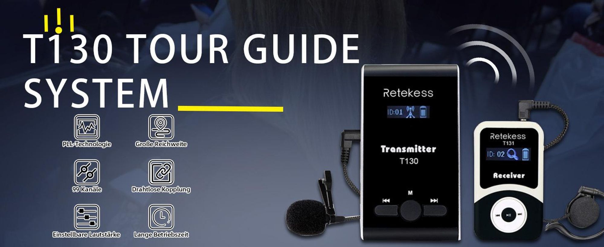 Retekess T130-T131 Tour guide System,60 Meter,99 Kanäle,18H,mit Mikrofon, PLL-Technologie, Geeignet für Reisebüros,Schulungen, Schulbesuche