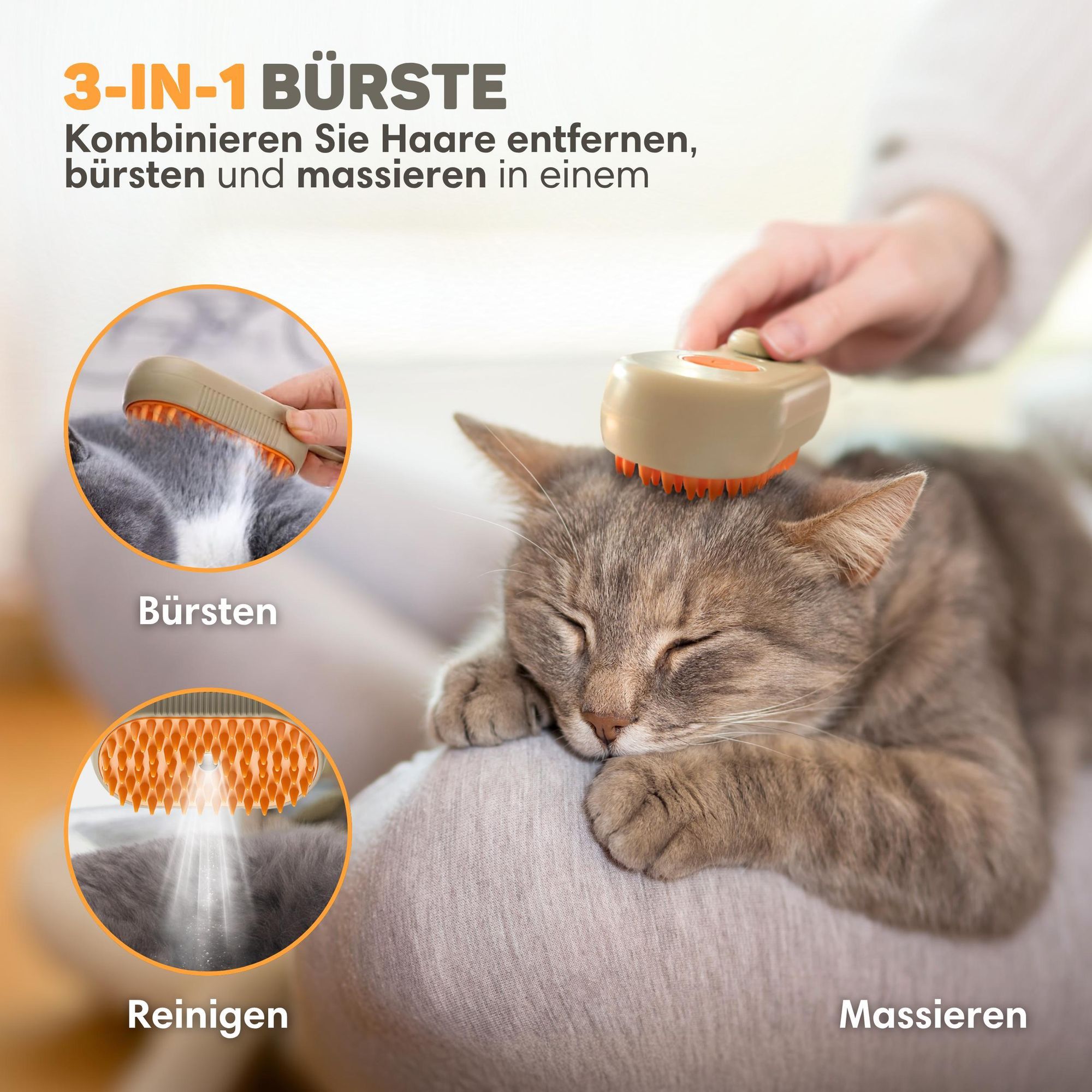 Vulpes Goods Katzen Dampfbürste, Selbstreinigende Katzen-Stoombürste, Haarentferner, Kurz- und Langhaarkatze Dampfgerät, Inkl. 2 extra Kämme