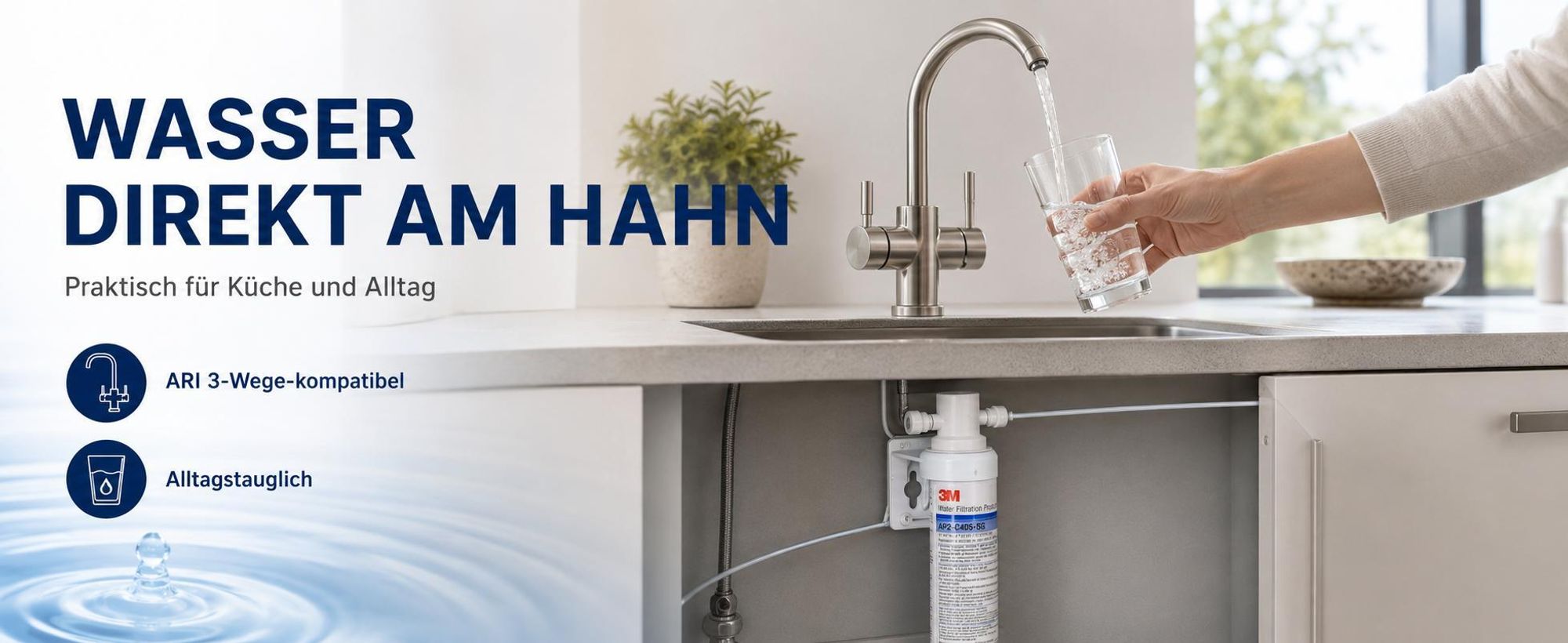 3M AP2-C405-SG Wasserfilter 0,5 Mikron - Trinkwasserfilter für 3-Wege Armatur & Wasserspender, 4000L Kapazität, kompakt, inkl. Zubehör