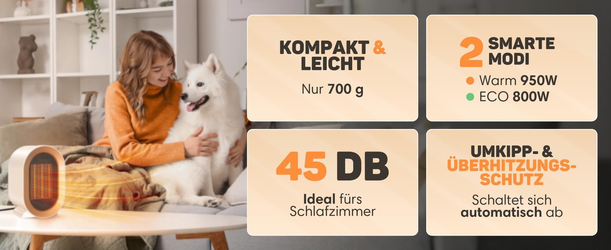 Vulpes Goods Keramik Heizlüfter - Keramik Heizung - 1200 Watt Heizung - 2 Leistungsstufen - Elektrischer Heizlüfter - Heizlüfter - Weiß