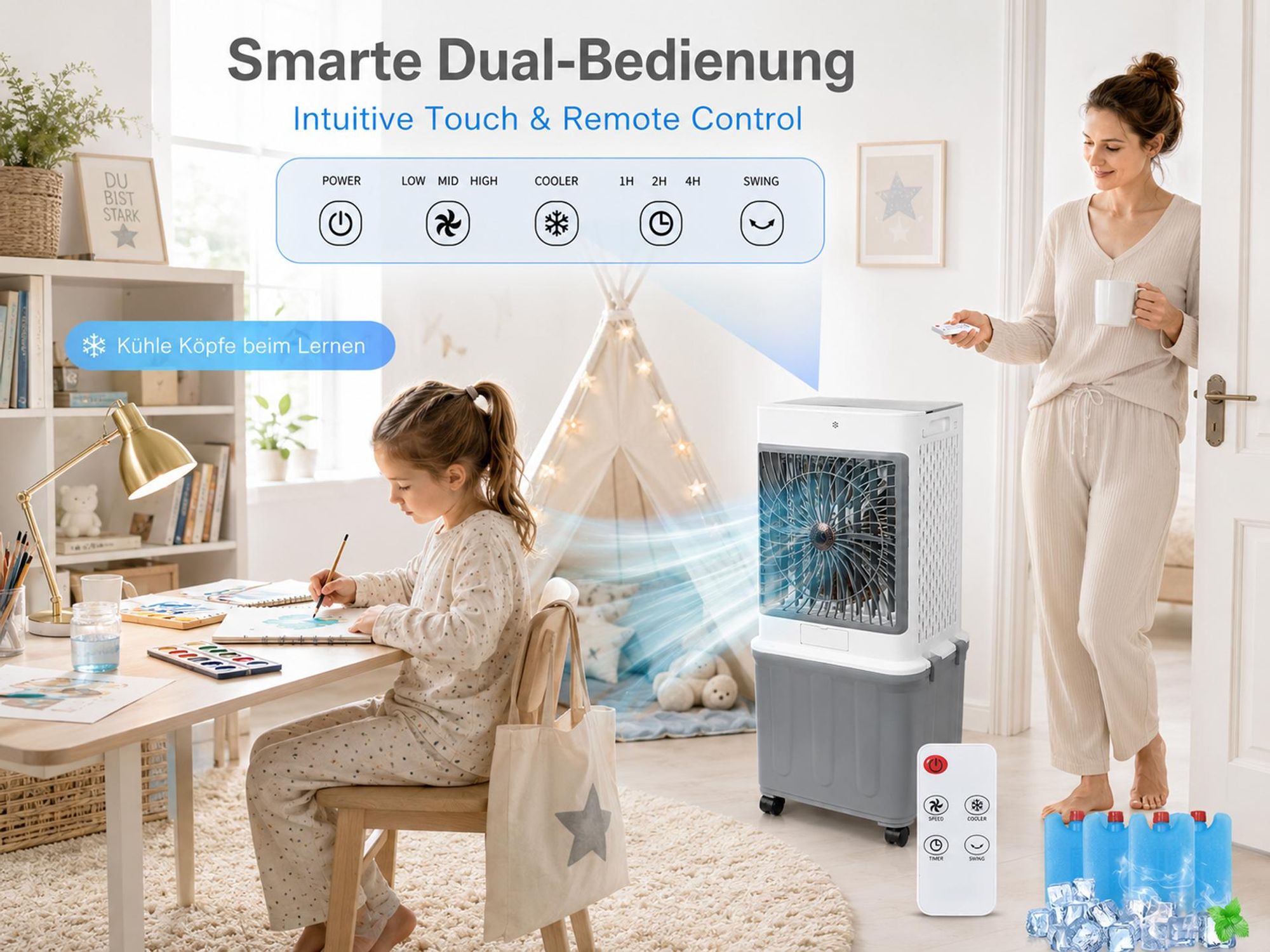 32L Klimagerät Mobil Ohne Abluftschlauch 70W Klimaanlage mit 4 Eisboxen 30H Laufzeit 30dB Leise Ventilator Mit Wasserkühlung Wohnung Zimmer Räume 85cm