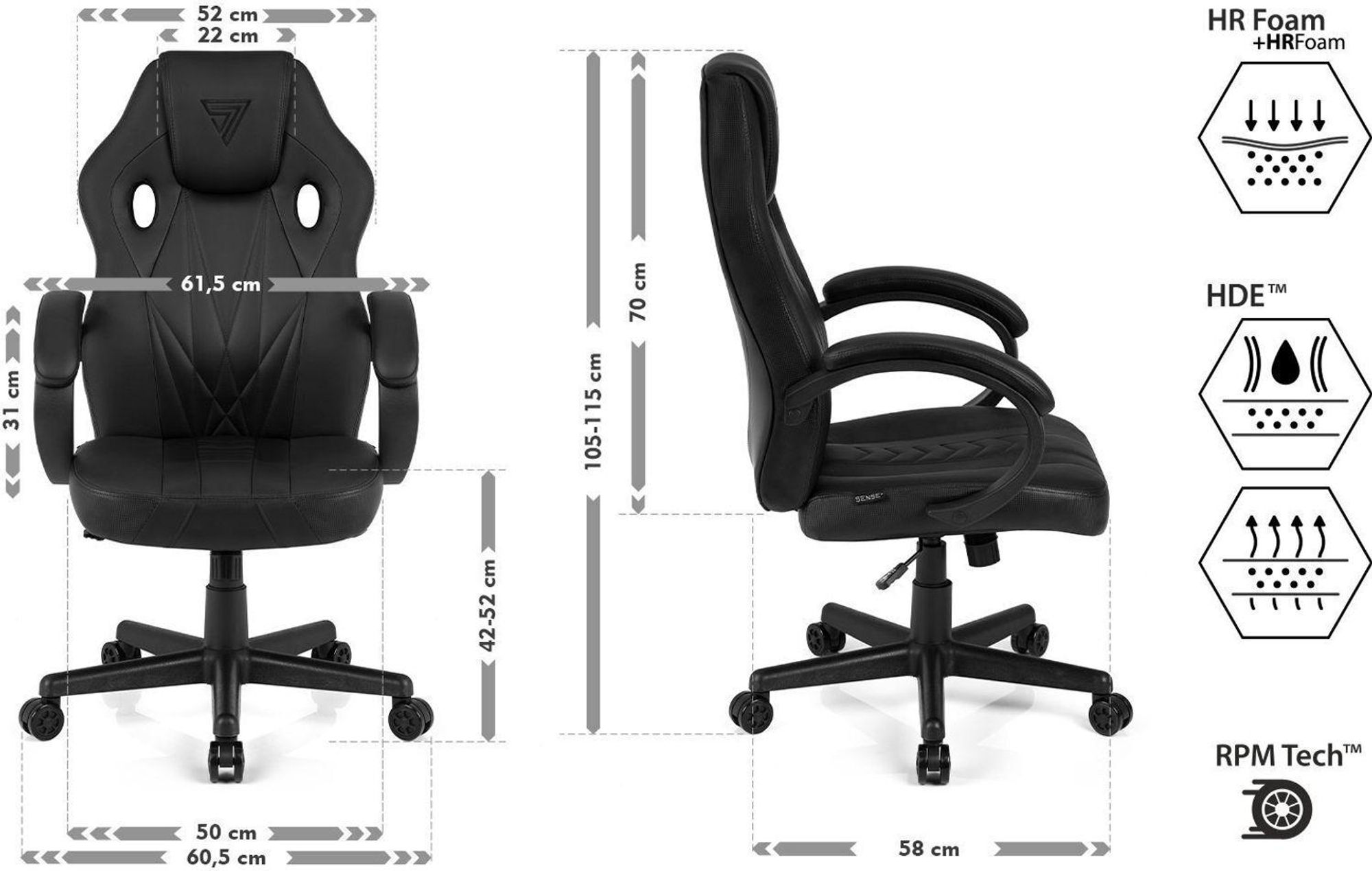 SENSE7 Prism Gaming Krzesło ze sztucznej skóry, czarne – ergonomiczne krzesło biurowe, krzesło do komputera, krzesło dla graczy, funkcja bujania, krzesło dla graczy, 120 kg