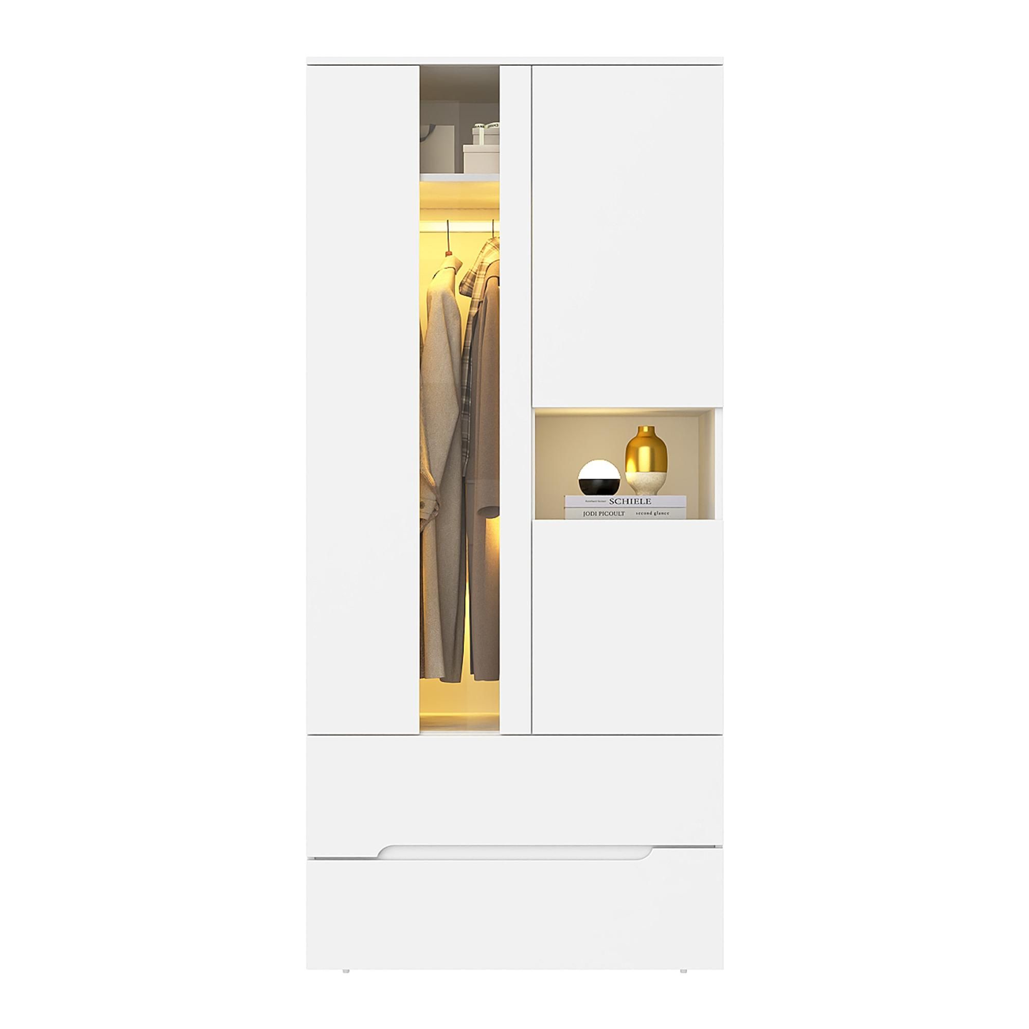 Flieks Kleiderschrank mit Kleiderstange, Garderobe mit LED-Beleuchtung und Schubladen, Hochschrank mit Staufächern, 90 x 50 x 200 cm,Weiß, Holz+ Glas