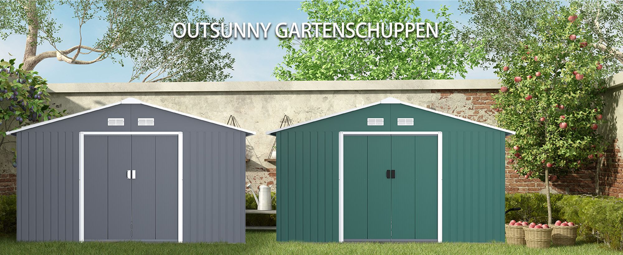Outsunny Gerätehaus 12,4 m² Gartenhaus mit Satteldach, Schiebetür, Fundament Grün