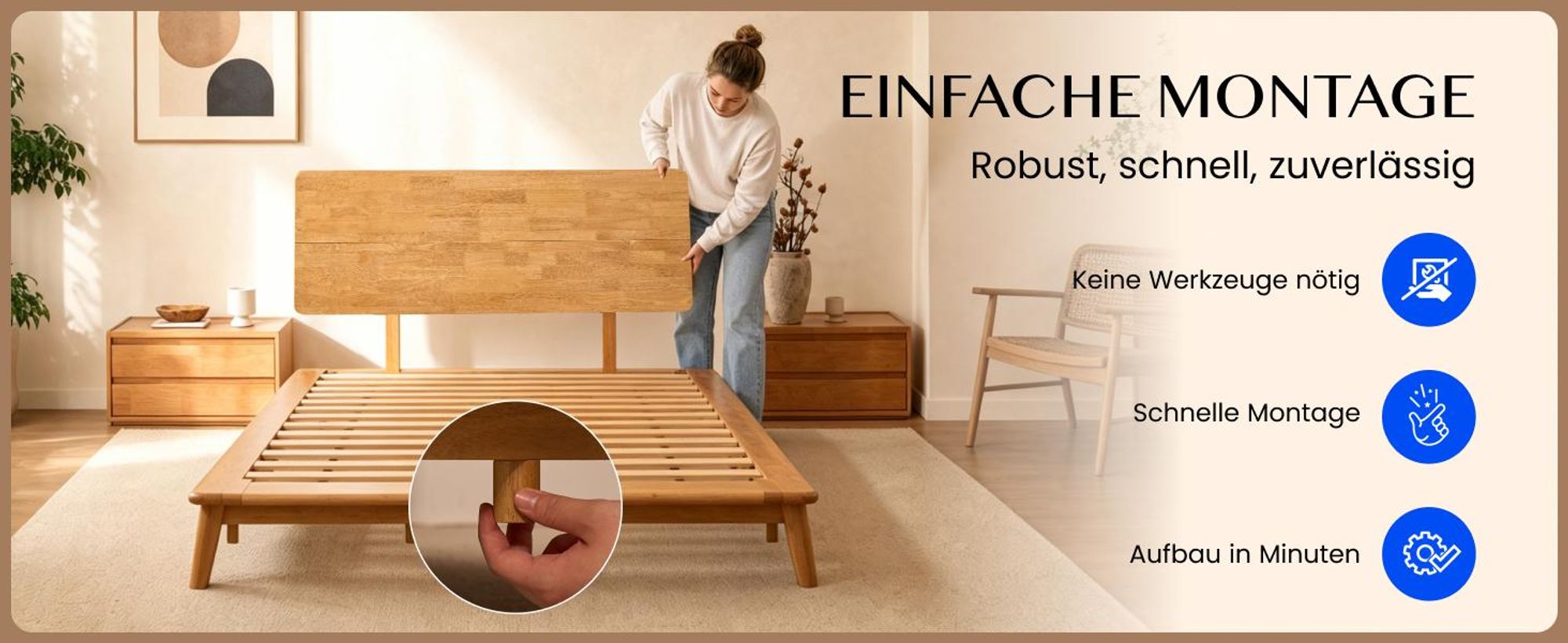 FLEXISPOT Massivholzbett 160x200 cm aus Gummibaumholz, Doppelbett mit Kopfteil, Bettgestell mit Lattenrost, modernes Japandi-Bett, bis 500 kg, Hako G1