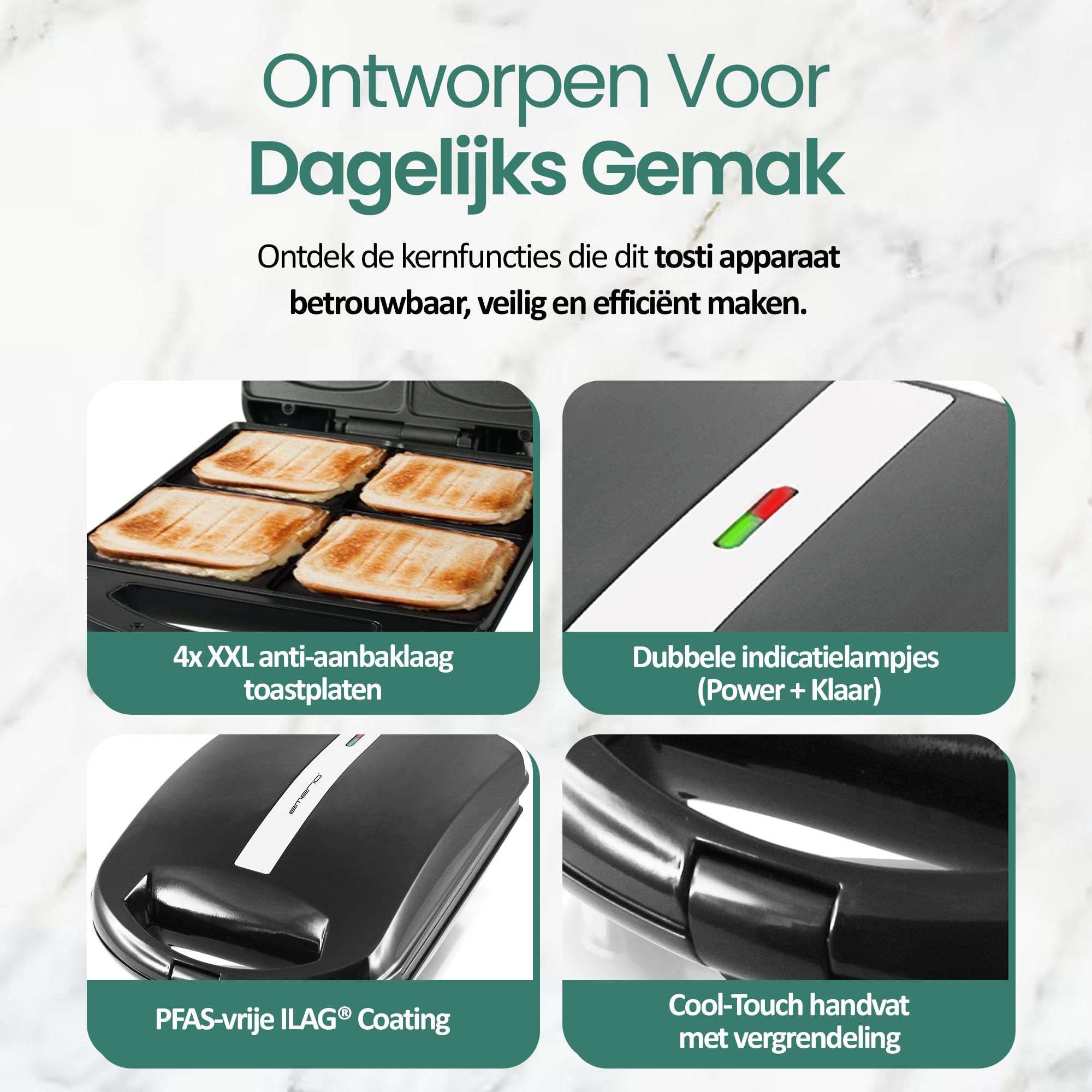 Emerio Tosti-ijzer XXL ST-111153.4 – Voor 4 Tosti’s – 1300 W – Extra Grote Bakplaten – RVS – Zwart