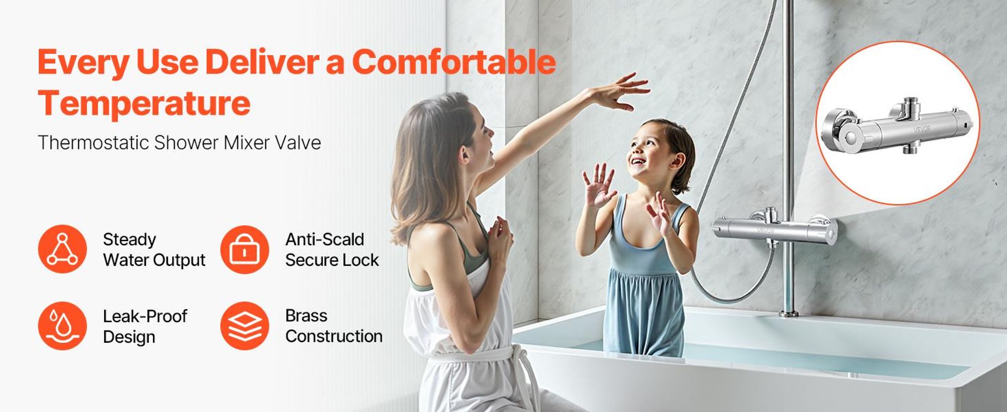 VEVOR Thermostat-Duscharmaturventil, 38℃ Sicherheitsverriegelung Thermostat-Duschventil, Warm-Kalt-Wasser-Duscharmatur Temperaturregelventile mit solider Messingguss für Badezimmer, Wohnmobil, auslaufsicher, Thermostatisches Ventil mit Schloss-b, Chrom Silber-b