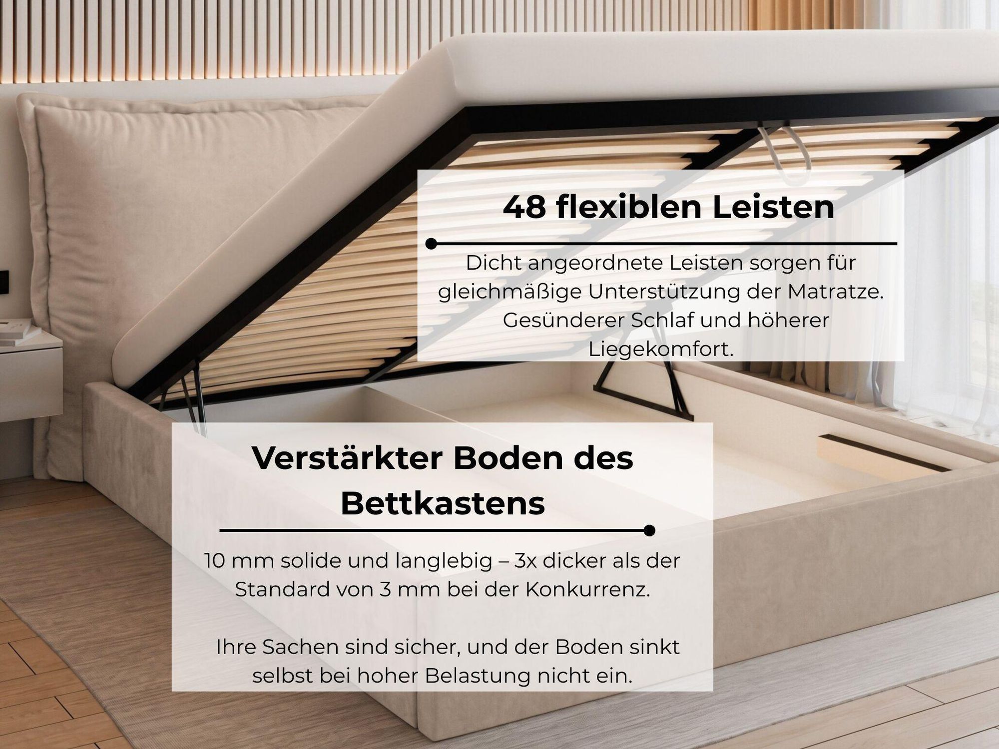 VALLH Polsterbett Bett 200x200 mit bettkasten Beige Samt - Kissenkopfteil mit lattenrost (Sofia Piano 03)
