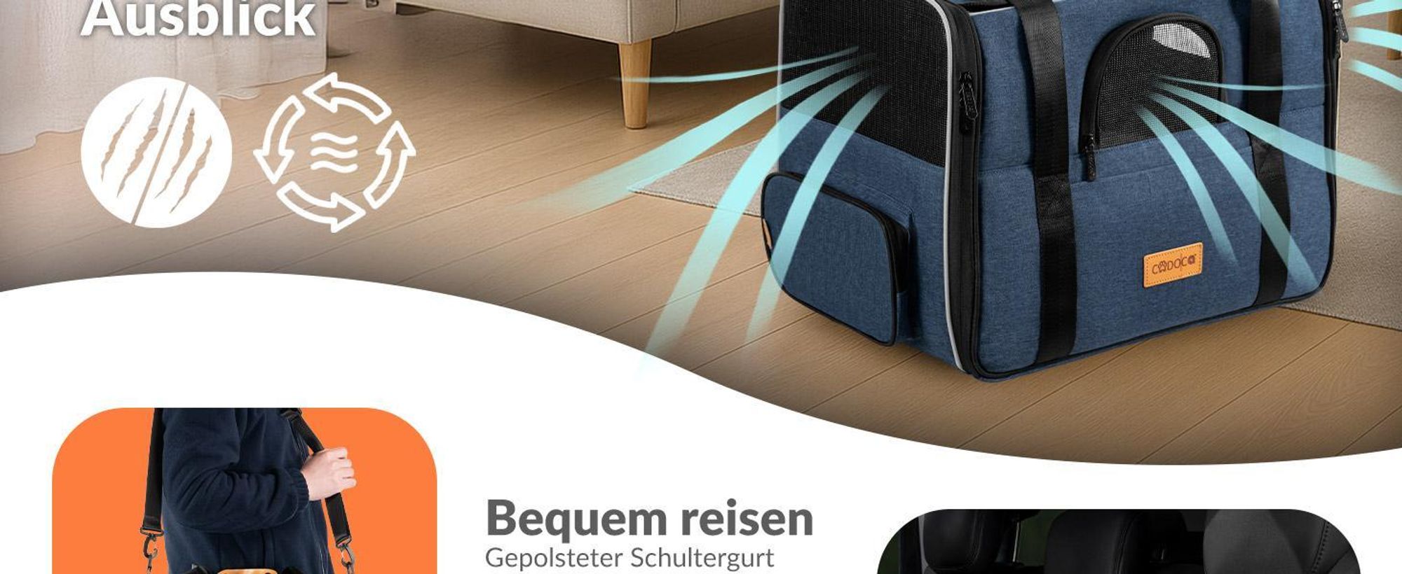 CADOCA® Transportbox Katzen bis 20kg faltbar Sonnen- und Regendach Schultergurt mit Napf Atmungsaktiv Komfortabel Wendekissen Haustier Katzenbox Tragetasche Hunde Auto Grau