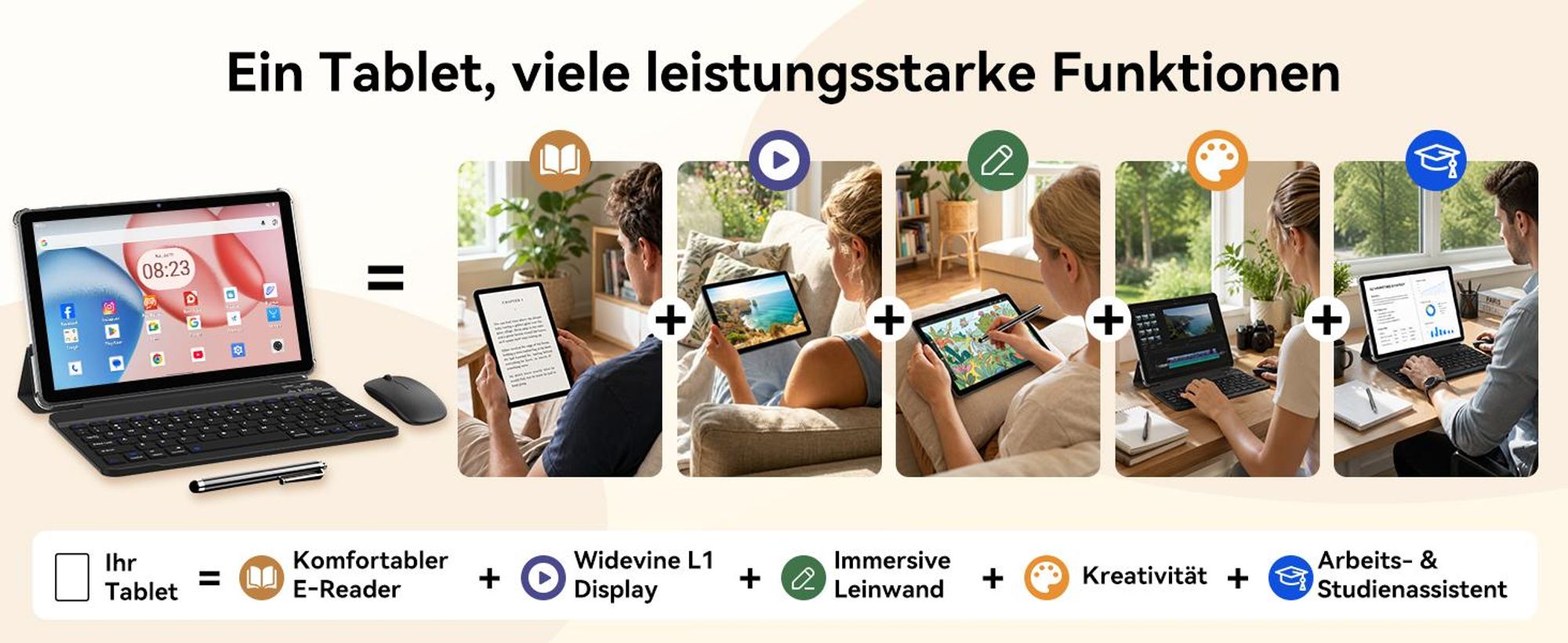W80 10.1" 120Hz Tablet, 32+128GB/2TB, Android 16, 4G SIM+5G WIFI, Gemini AI 4.0, Widevine L1, 6000mAh, OTG, mit Tastatur/Maus/Stift/Schutzhülle Set