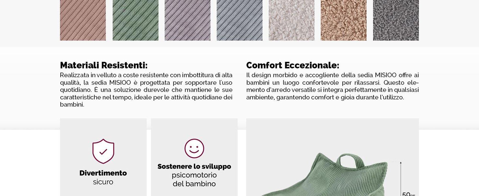 MISIOO Beanbag Kids - Grande beanbag - Grande borsa per bambini - Materiale a coste - 77x67x50 cm - Tessuto lavabile - Maniglia per un facile trasporto - Oliva