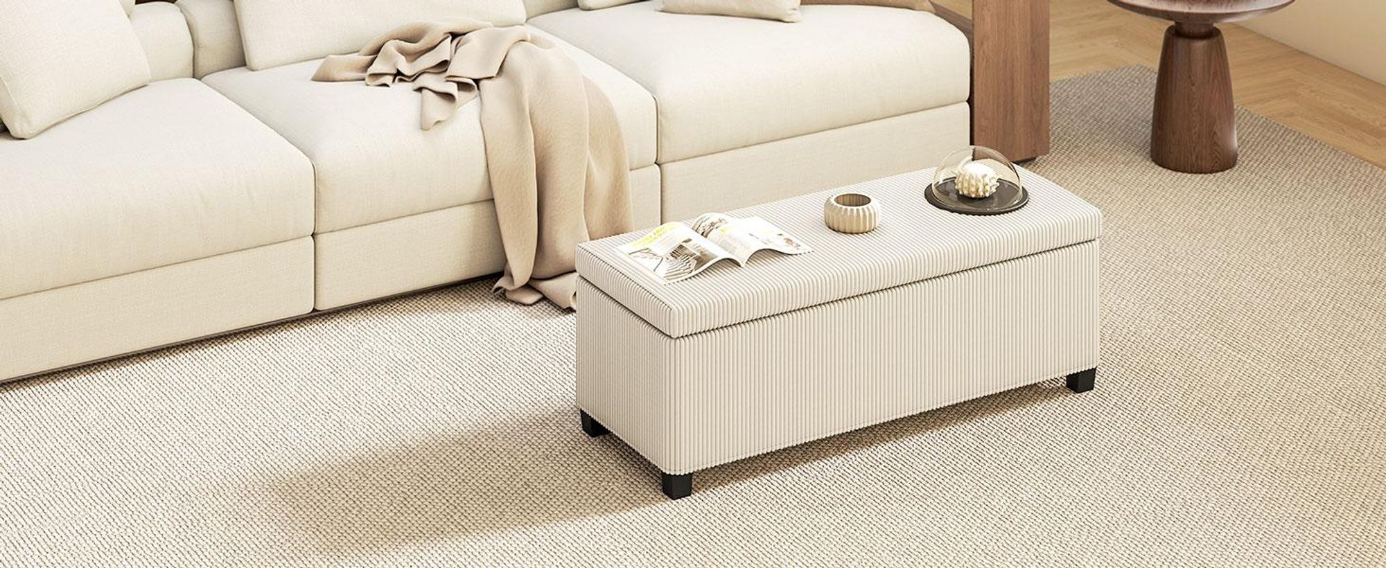 HOMCOM Sitzbank mit Stauraum Polsterbank mit Cord-Optik, Stahlbeine, Beige
