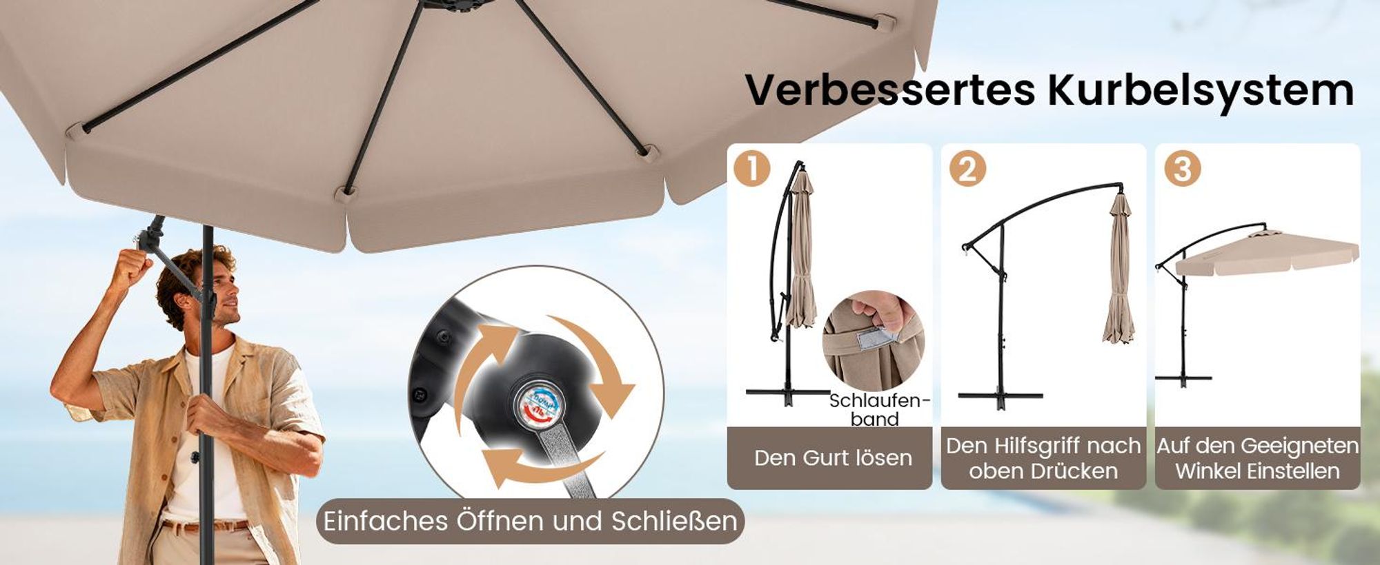 COSTWAY Sonnenschirm Ø300cm, Ampelschirm mit Volantm Schutzhülle, Gartenschirm mit 8 Streben & Kurbel, Marktschirm Neigungswinkel verstellbar Grau