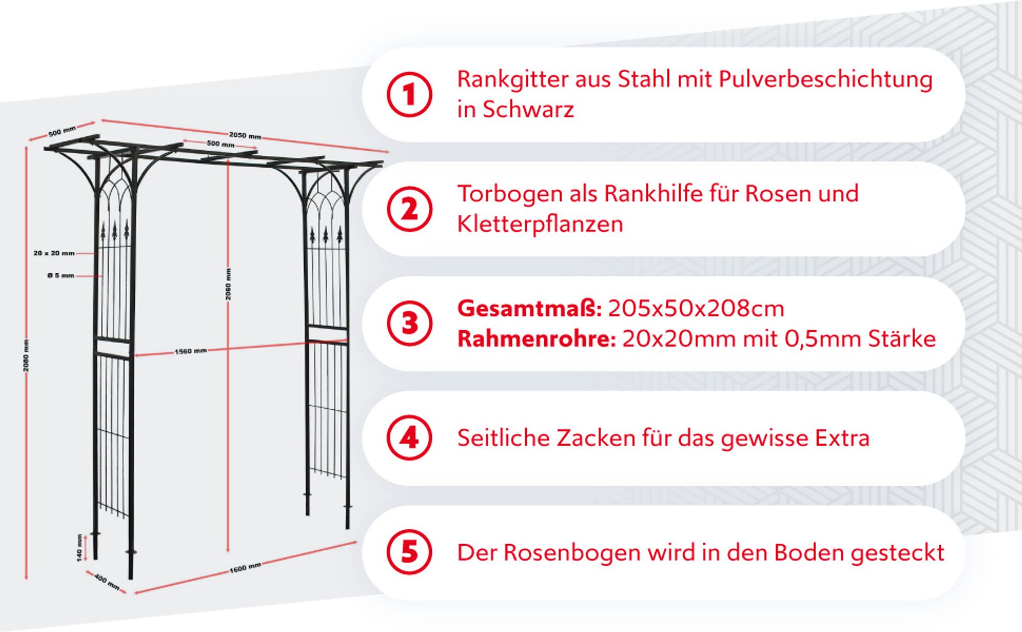 Wiltec Rankgitter Rosenbogen 205 x 50 x 208 cm, Rosenspalier aus Stahl, Rankhilfe in Schwarz, Pflanzgitter für Rosen, freistehende Gartendeko