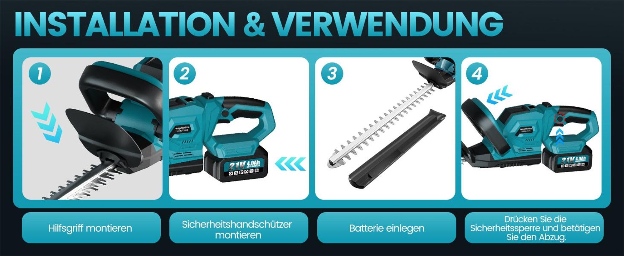 Akku Heckenschere 21V 1000W Brushless Motor 53cm Heckenschere mit 2 Akkus 4000mAh Akkustandsanzeige 180° Griff Garten
