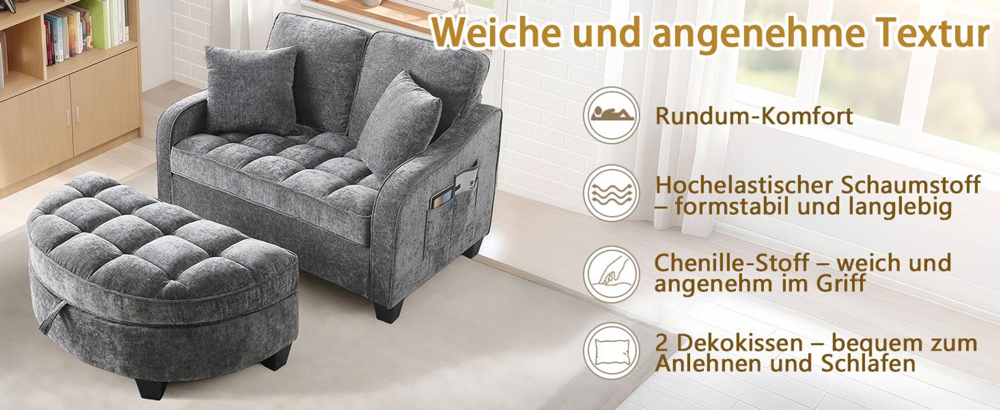 MODFU Multifunktionales Sofa Schlafsofa mit Aufbewahrungs-Hocker,Relaxsofa mit rutschfeste Kunststoffbeine,Dunkelgrau