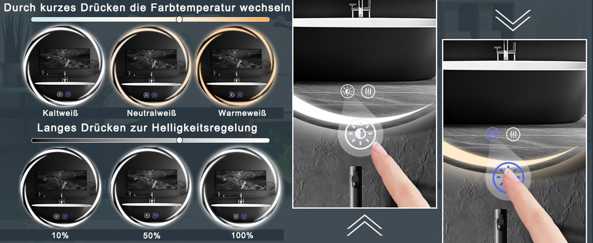 ZMH Badezimmerspiegel mit Beleuchtung Badspiegel Rund Runder 70cm LED Spiegel Touch Dimmbar Licht Beschlagfrei Rundspiegel Beleuchtet für Badezimmer
