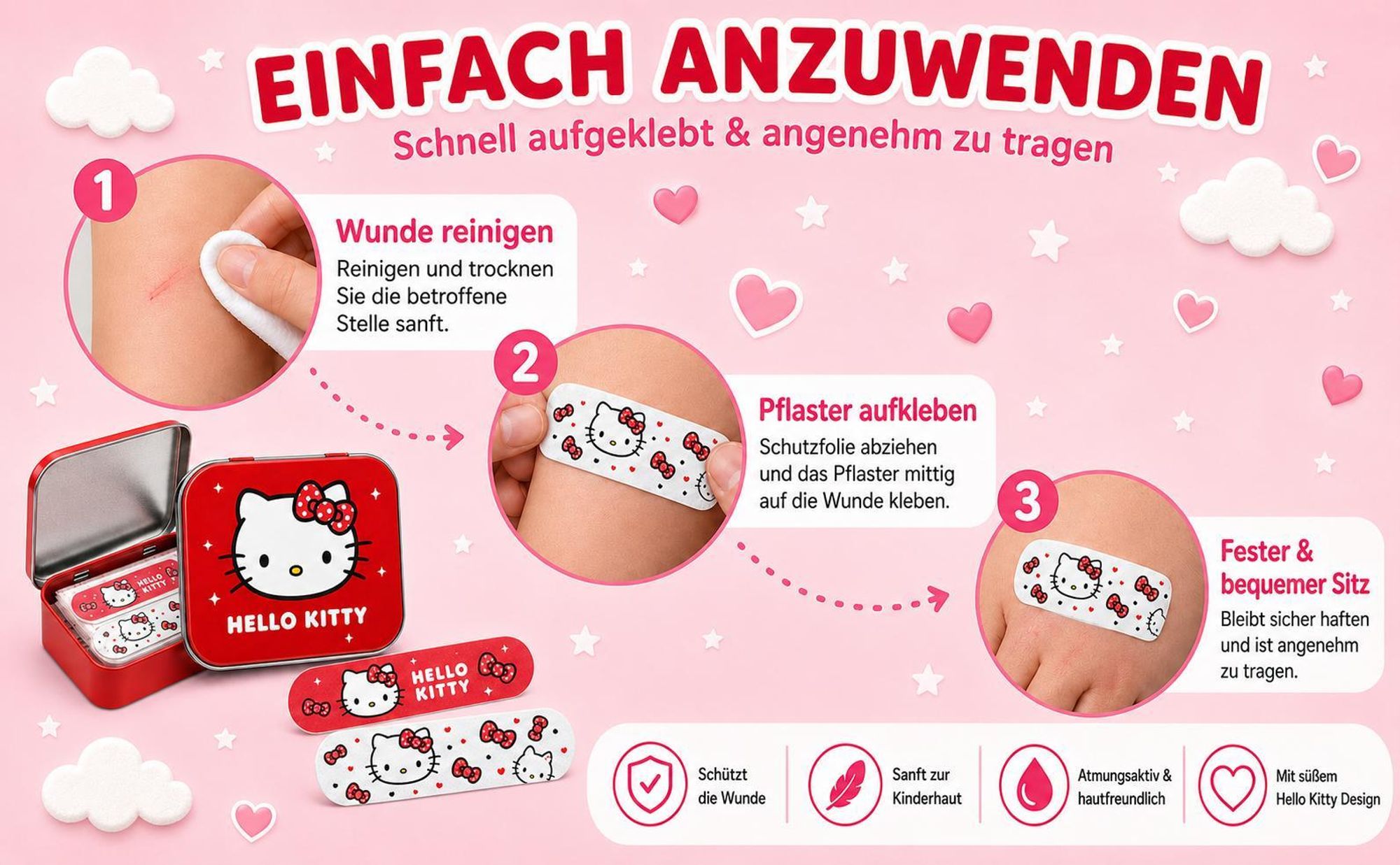 Hello Kitty Rot Kinderpflaster Lizensiertes Produkt - Metall-Box - 24 Pflaster - Schönes Design Pflaster Aufbewahrungsbox für Kinder - 1 Box