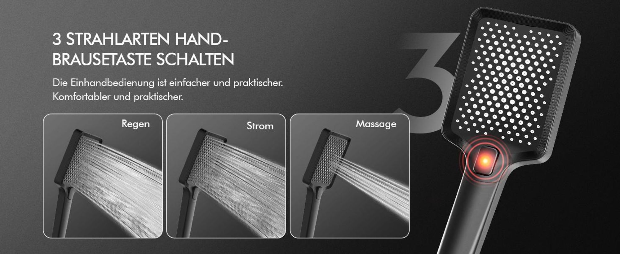 HOMELODY Duschsystem mit Thermostat und Glasablage Schwarz, 30x20cm Groß Kopfbrause, 3 Strahlarten Handbrause, Klavierknöpfen Duscharmatur Komplettset