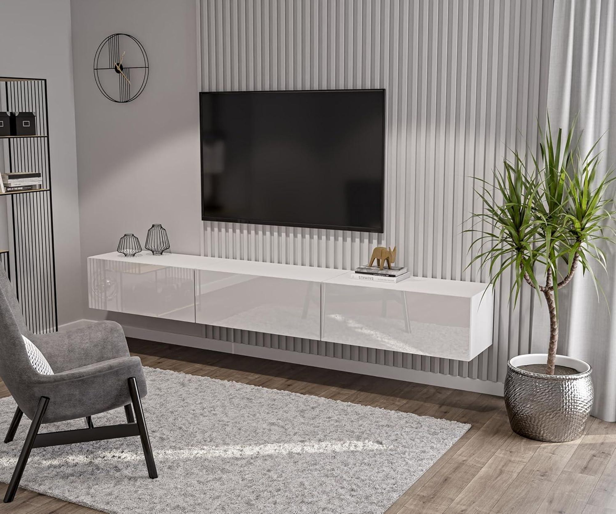 Schwarz TV Lowboard 270 cm Hängeschrank für Wohnwand Fernsehtisch Hochglanz Front MDF Fernsehschrank Kabelöffnung Push-to-Open