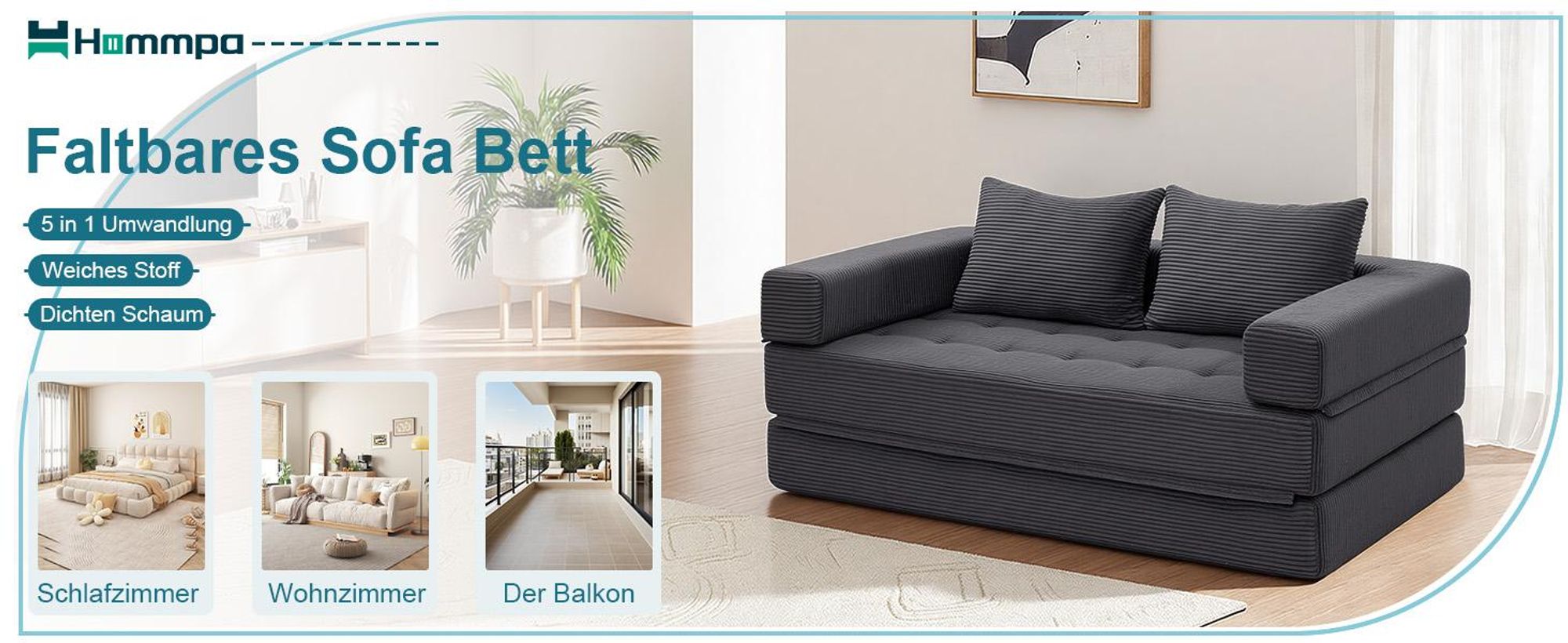 HOMMPA 5-in-1 Klapp-Schlafsofa, extragroß, Bodenschlafsofa, Cord-Klappmatratze, Sofa für Wohnzimmer, Schlafzimmer, Lounge, Queen 180x148cm, Grau