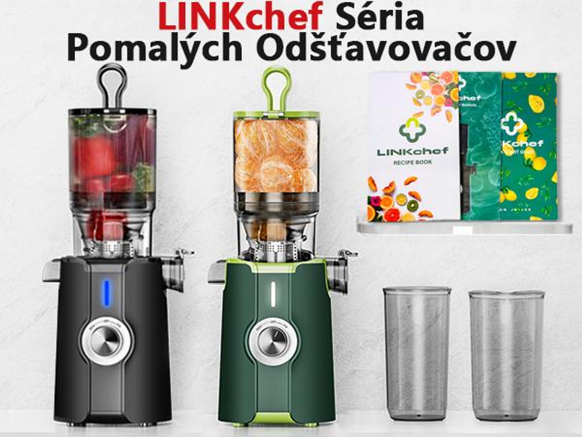 LINKChef SJ-051-EU-BL Pomalý Odšťavovač - 200W Výkon 1.2L Veľká kapacita Dva podávacie tácky Ľahko sa čistí - čierna