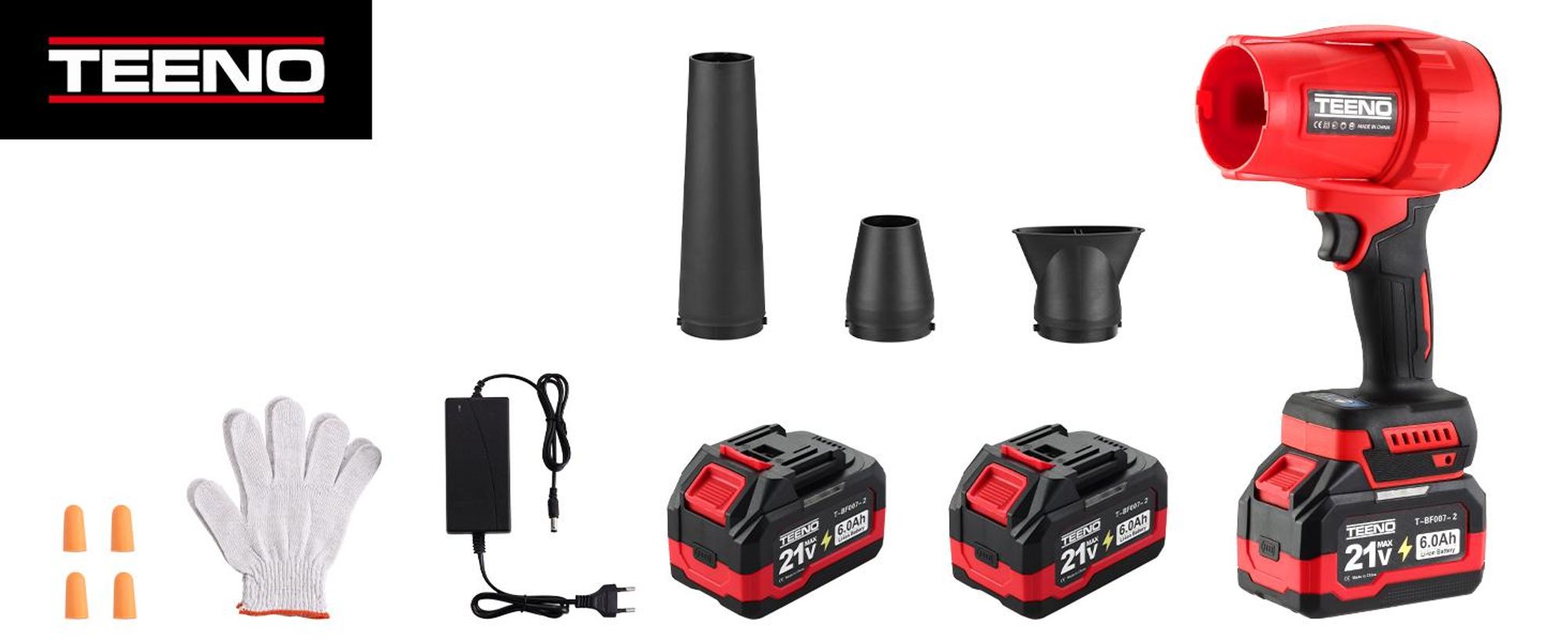 TEENO - Souffleur sans Fil 21V – 3 Vitesse Max 35000 TR/Min, Léger, Compact, 3 Buses Incluses, 2x6,0Ah Batteries - Chargeur, Makita Compatible