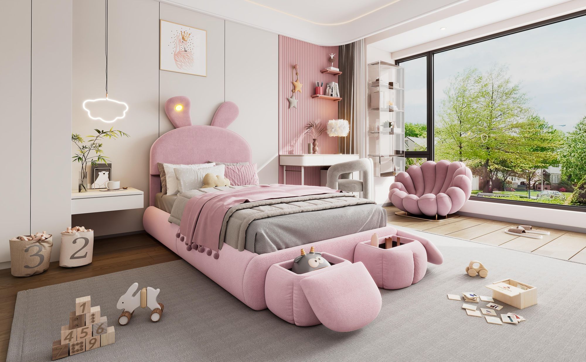 MODFU Kinderbett Polsterbett 90×200 mit LED und Bettkasten,Jugendbett mit Kopfteil in Hasenohrenform und zwei Aufbewahrungshockern,ohne Matratze,Rosa