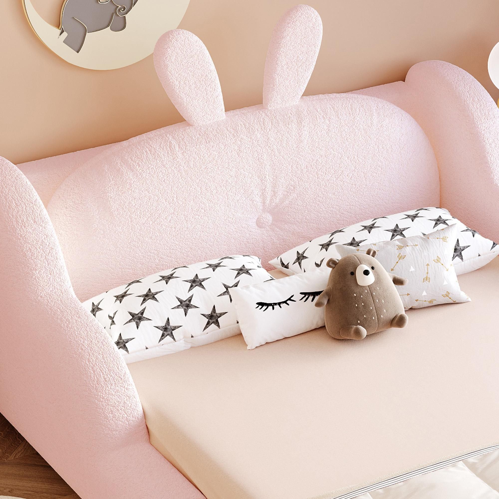 Merax Kinderbett Polsterbett 90x200cm mit Wolken-Seitenschutz, Teddy-Samt Bett mit Hasenkissen, Plattformbett Jugendbett mit Kissen in Hasenform,Rosa