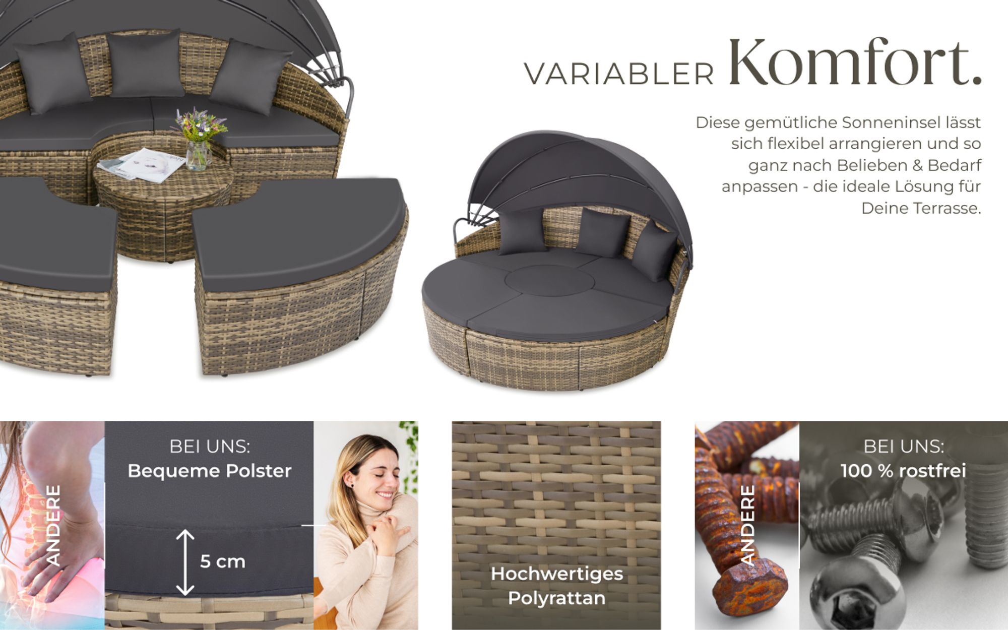 tectake® Rattan Sonneninsel Santorin widerstandsfähig UV-beständig