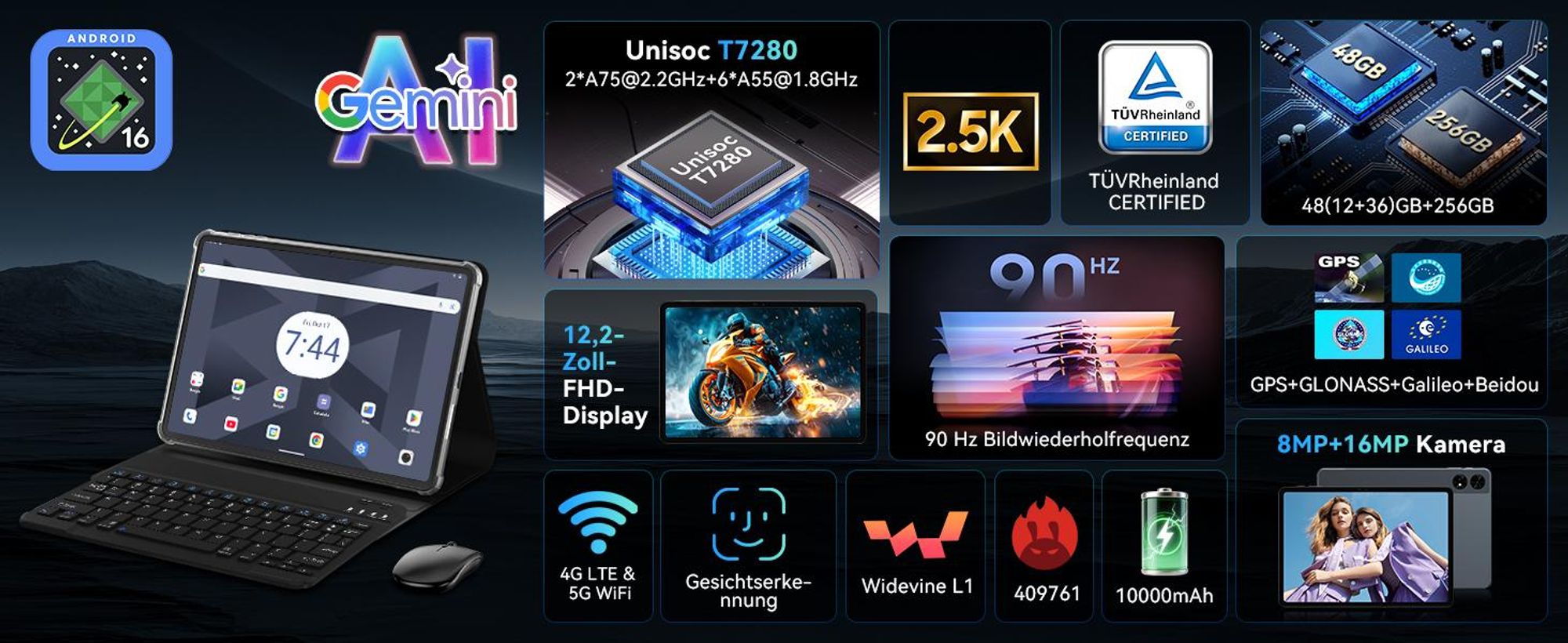 TABWEE T60 Android 16 Tablet, 12,2" 2,5K Display, 48GB RAM+256 GB ROM+ 2 TB TF erweiterbar, Octa-Core, 10.000 mAh und Gemini AI