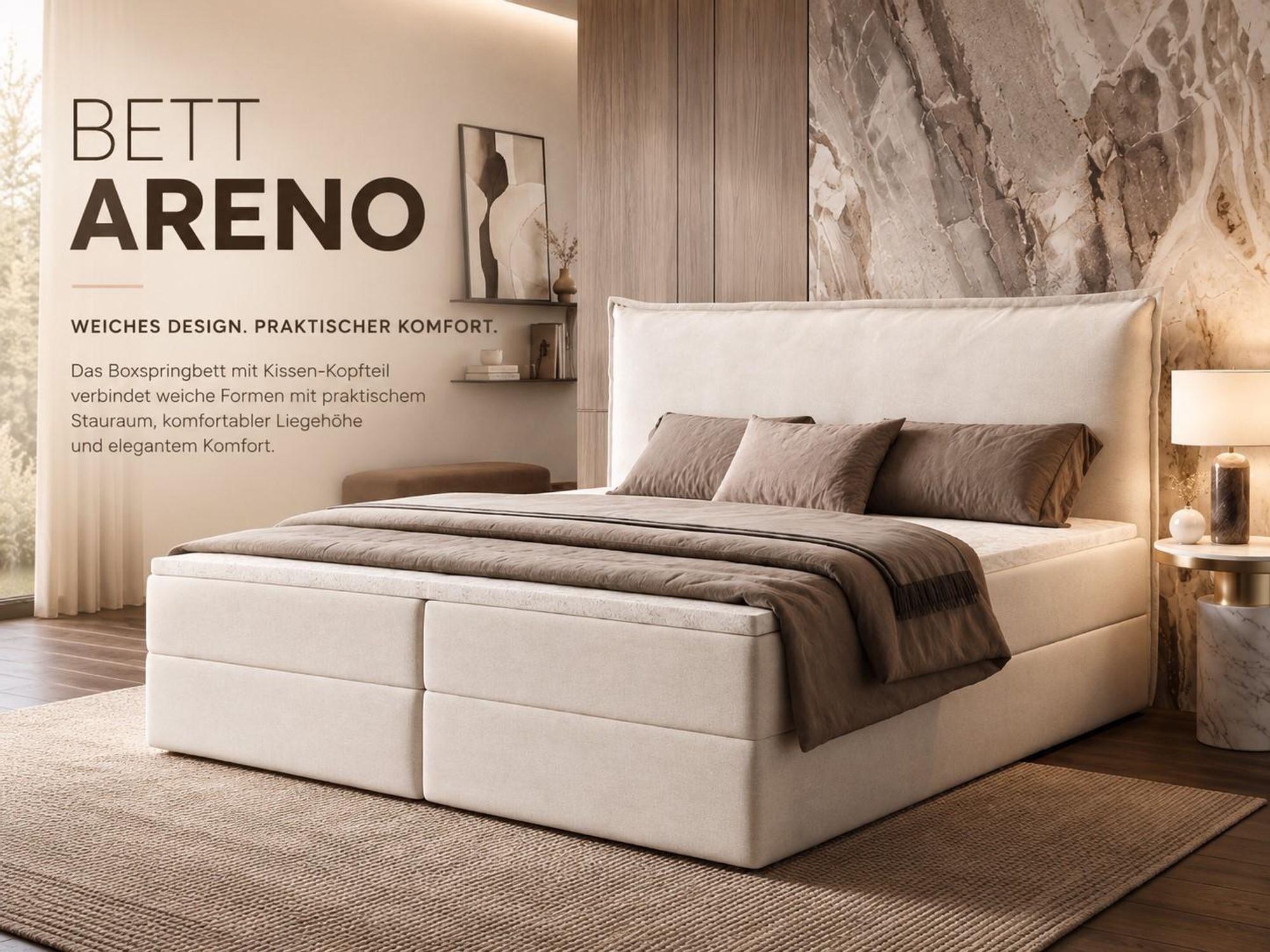 Boxspringbett 200x200 mit Bettkasten ARENO, Komplett-Set mit Kissen-Kopfteil, Bonell-Matratze H3 und Topper - Beige