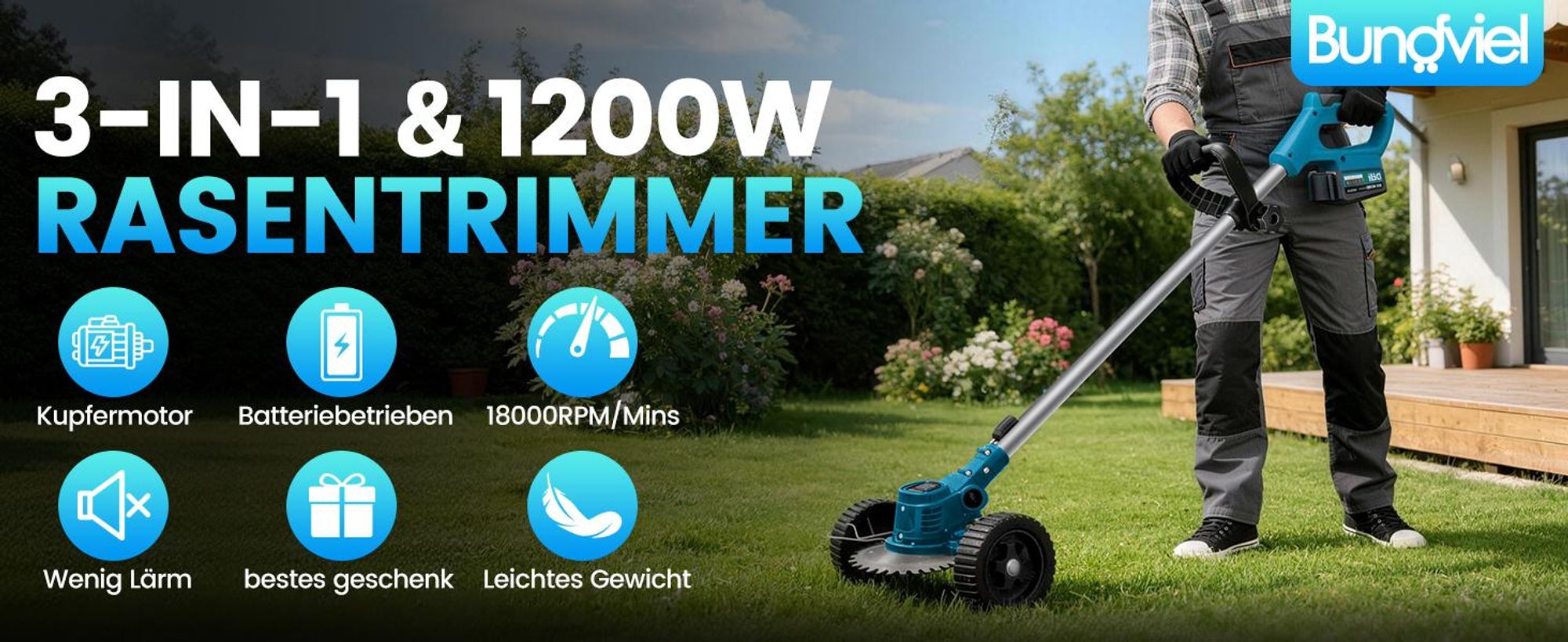 1200W Akku Rasentrimmer mit 2× 4000mAh Akku 21V, Bürstenloser Motor Rasentrimmer Freischneider mit Akkus & Ladegerät