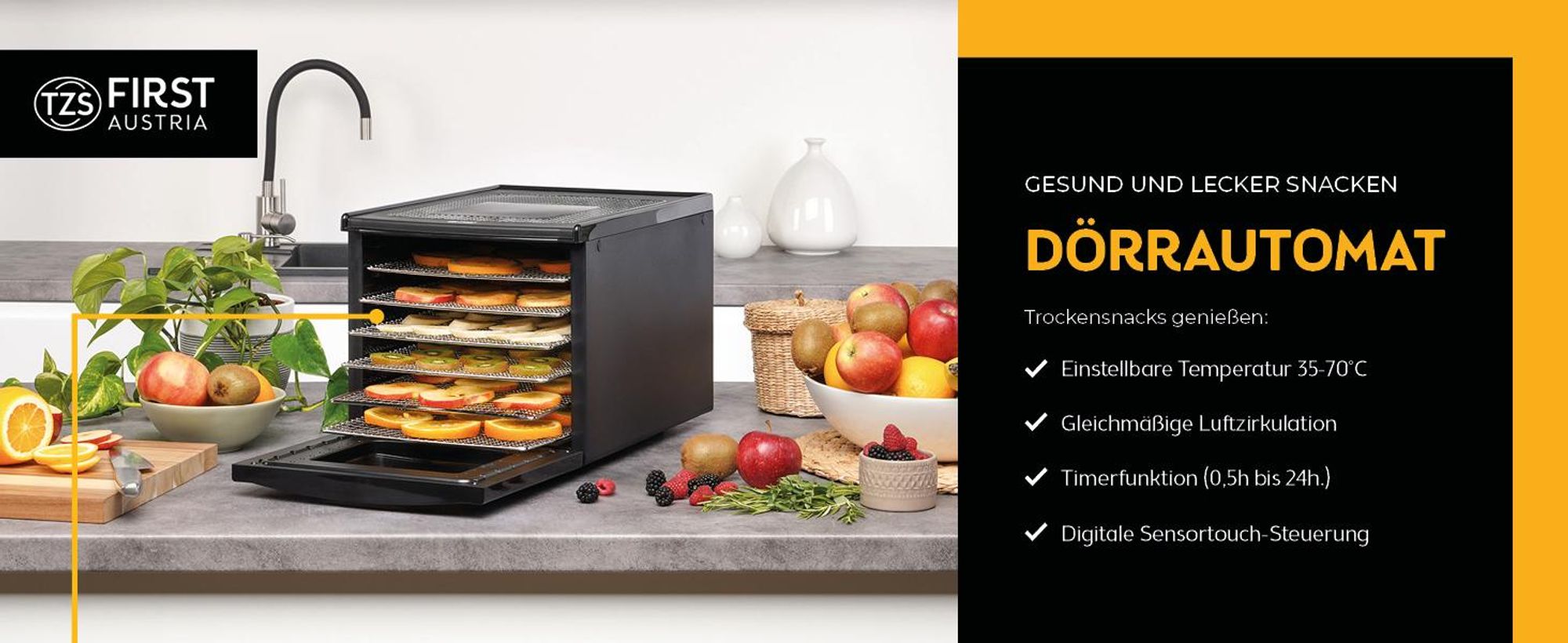 TZS First Austria Dörrautomat, Dörrgerät, 500W, 24h Timer, Temperaturregler 35-70°C, 6 Edelstahl Dörrtabletts, Obst, Gemüse, Dörrapparat, digitales Display