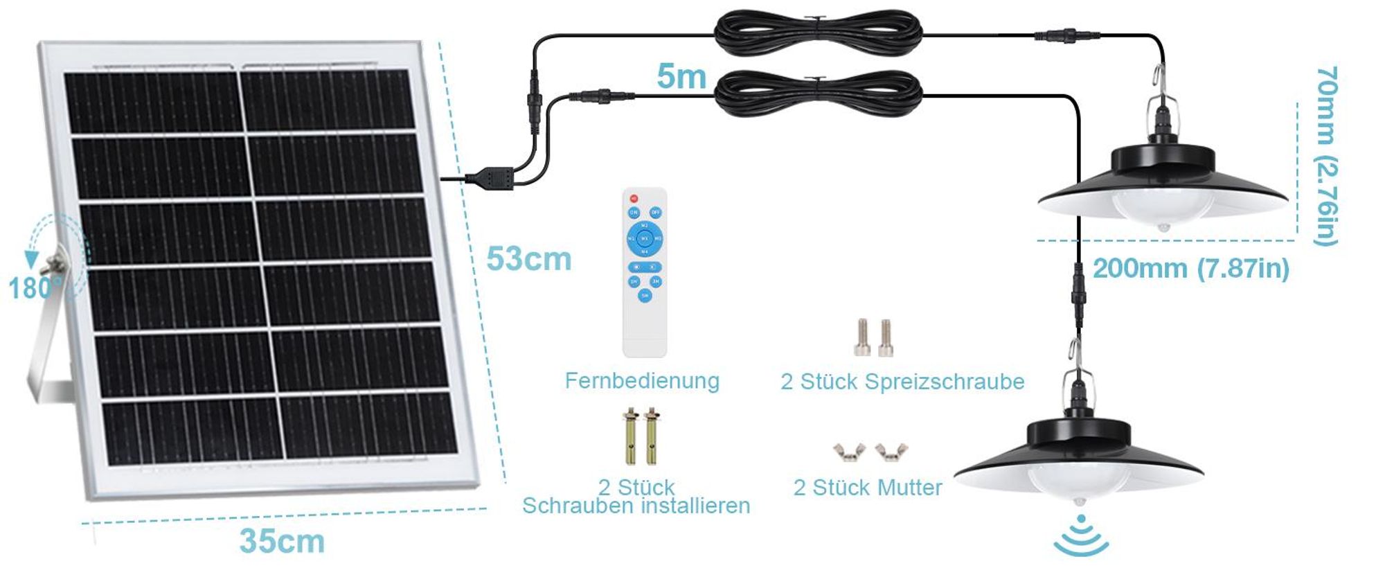 Außen Solarlampe 5 Beleuchtungsmodi mit Bewegungssensor und Fernbedienung Wasserdicht Solar Pendelleuchte Solarleuchte, Weiß, 4 Lampe