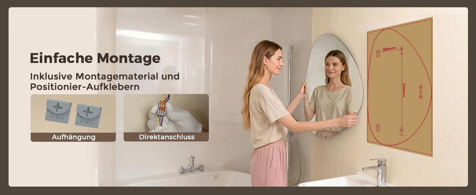 S'AFIELINA Badspiegel mit Beleuchtung 70 × 80cm, rahmenlos, 3 Lichtfarben, dimmbar, Antibeschlag und Memory-Funktion, Horizontal oder vertikal nutzbar