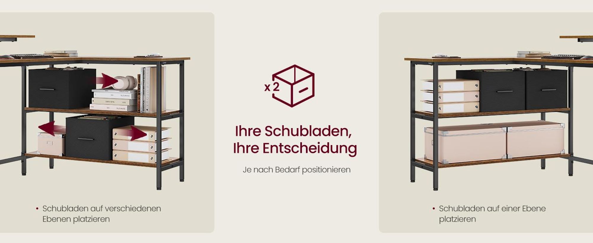 VASAGLE L-förmige Schreibtisch Eckschreibtisch Computertisch mit Schubladen Vintage