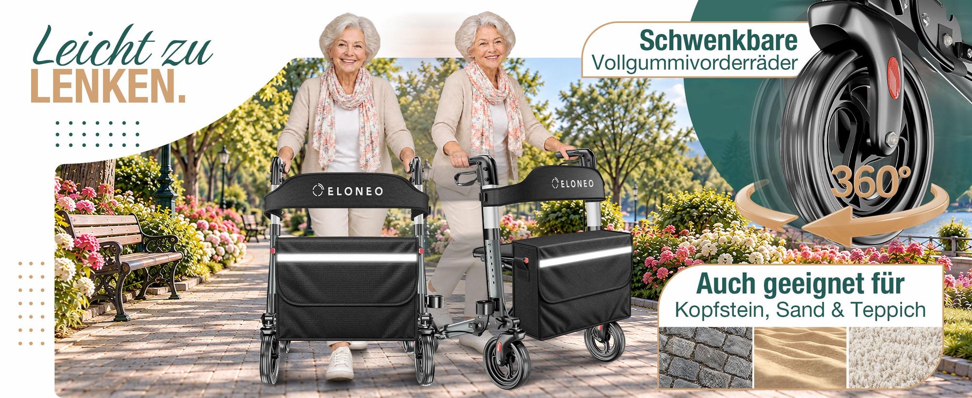 ELONEO Rollator faltbar und leicht mit Sitz, Leichtgewicht-Reiserollator aus Aluminium, Gehhilfe 8-fach höhenverstellbar, Laufhilfe 3-fach faltbar