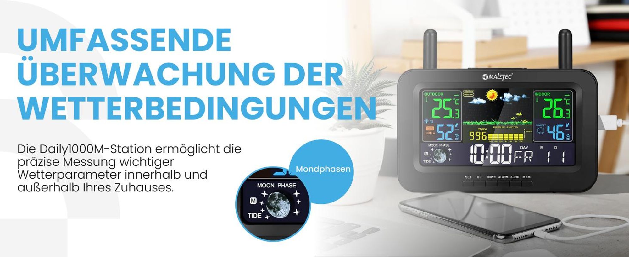 MalTec Funk-Wetterstation Thermometer Barometer Drahtlose externer Wettersensor Druck Alarm
